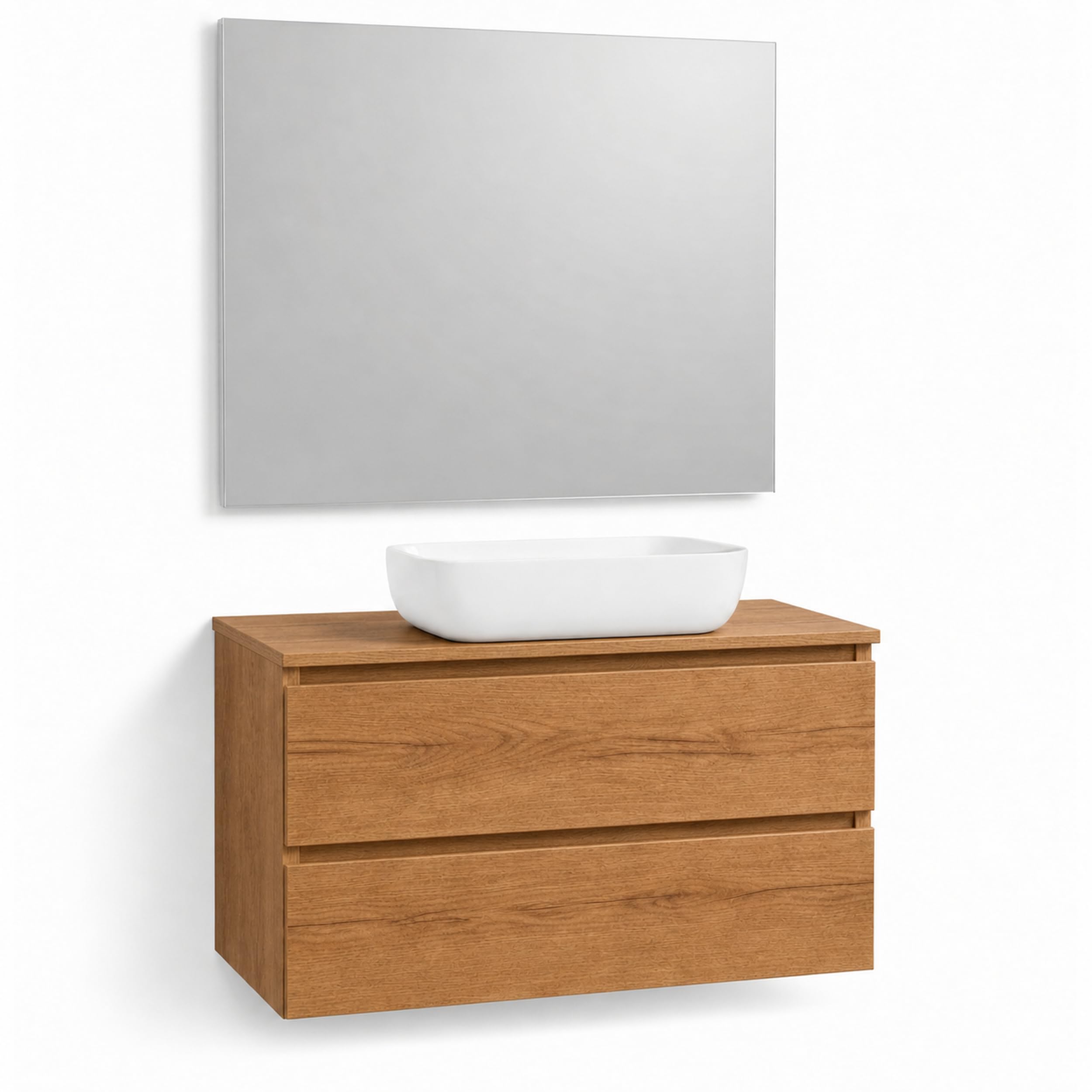 Mueble Baño con Lavabo sobre Encimera Y Espejo Mueble Suspendido De 2 Cajones con Cierre Suave Silent System Montado En Acabado Roble Gold 60 Cm Ancho 45 Cm Fondo 52 Cm Alto