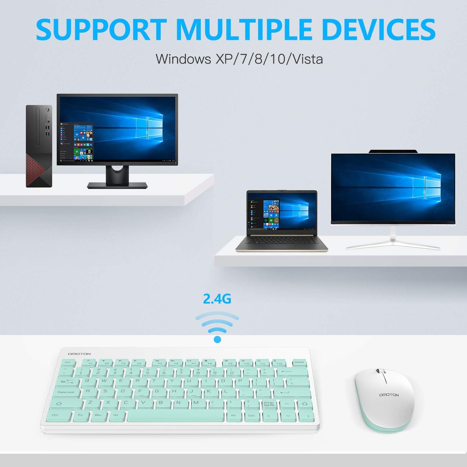 OMOTON 2.4G Wireless Keyboard and Mouse Combo with USB Receiver for Windows, Computer, Desktop, PC, Notebook, Laptop, Green