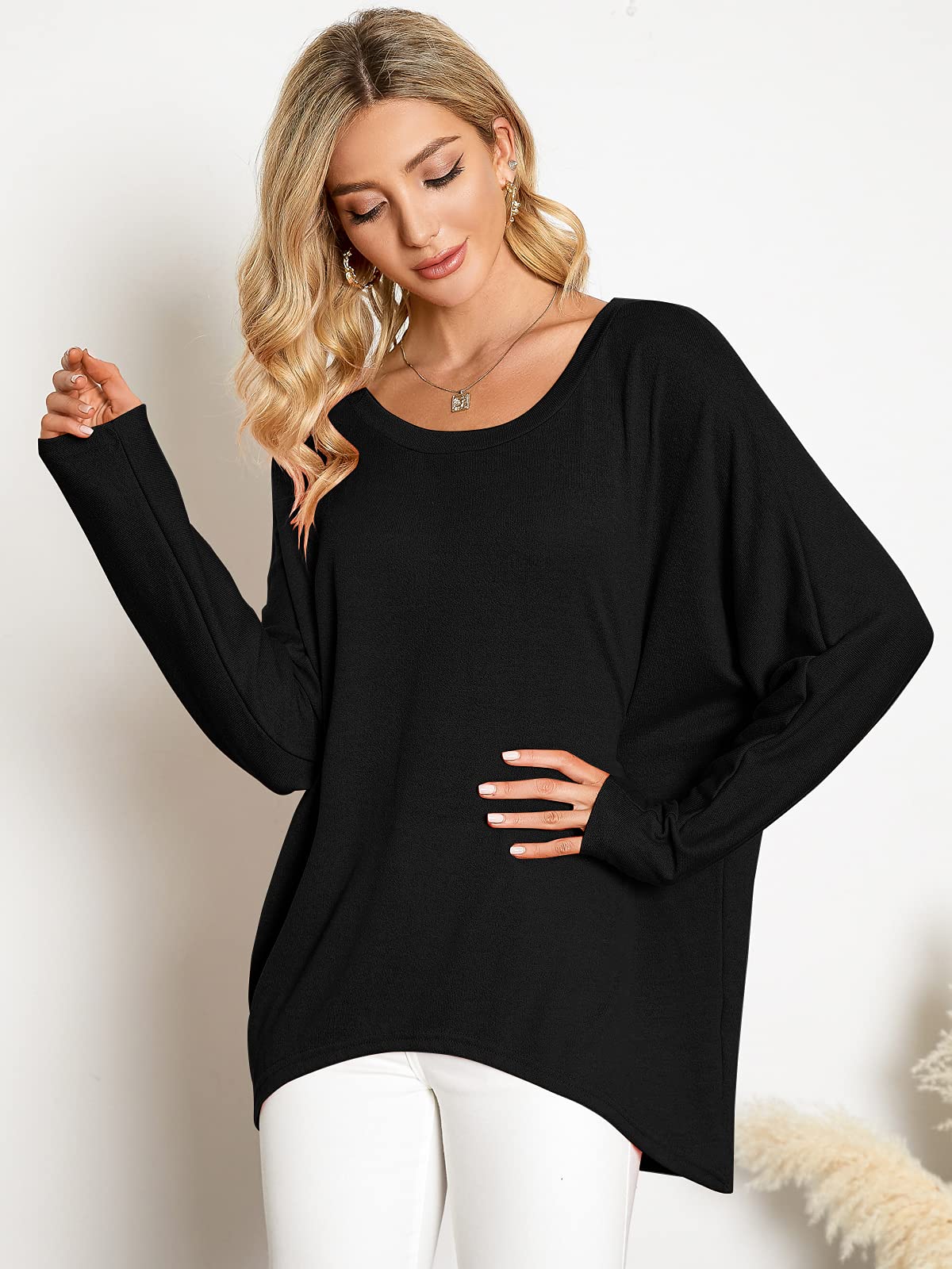 ZANZEA Damen-Pullover Übergröße Fledermausärmel Langarm-Oberteil asymmetrisches Shirt Freizeit-Sweatshirt