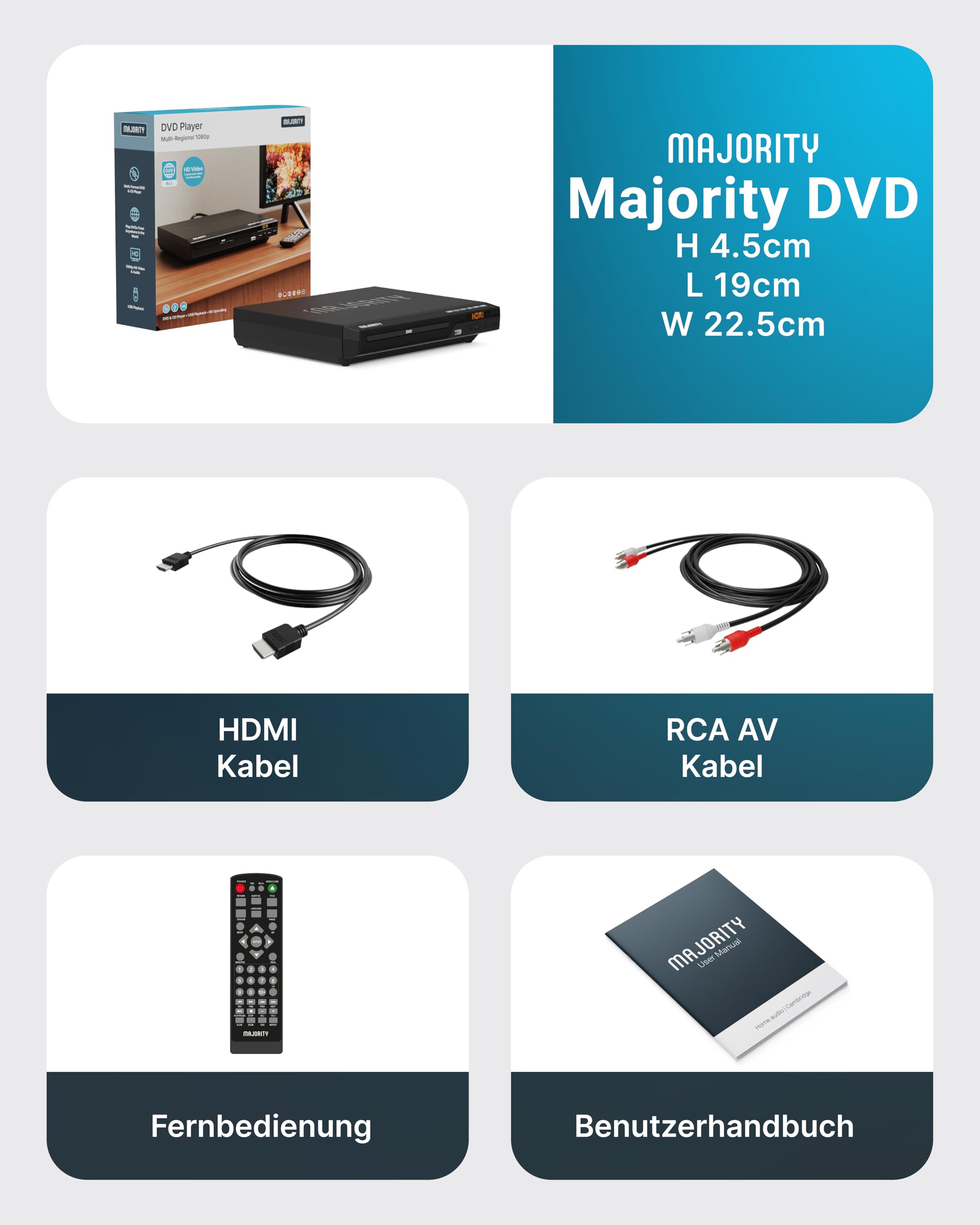MAJORITY DVD Player | Region Free Mini DVD-Player Kompakt für TV/Fernseher | 1080p Upscaling, USB & CD Wiedergabe | Mit HDMI Kabel & Fernbedienung