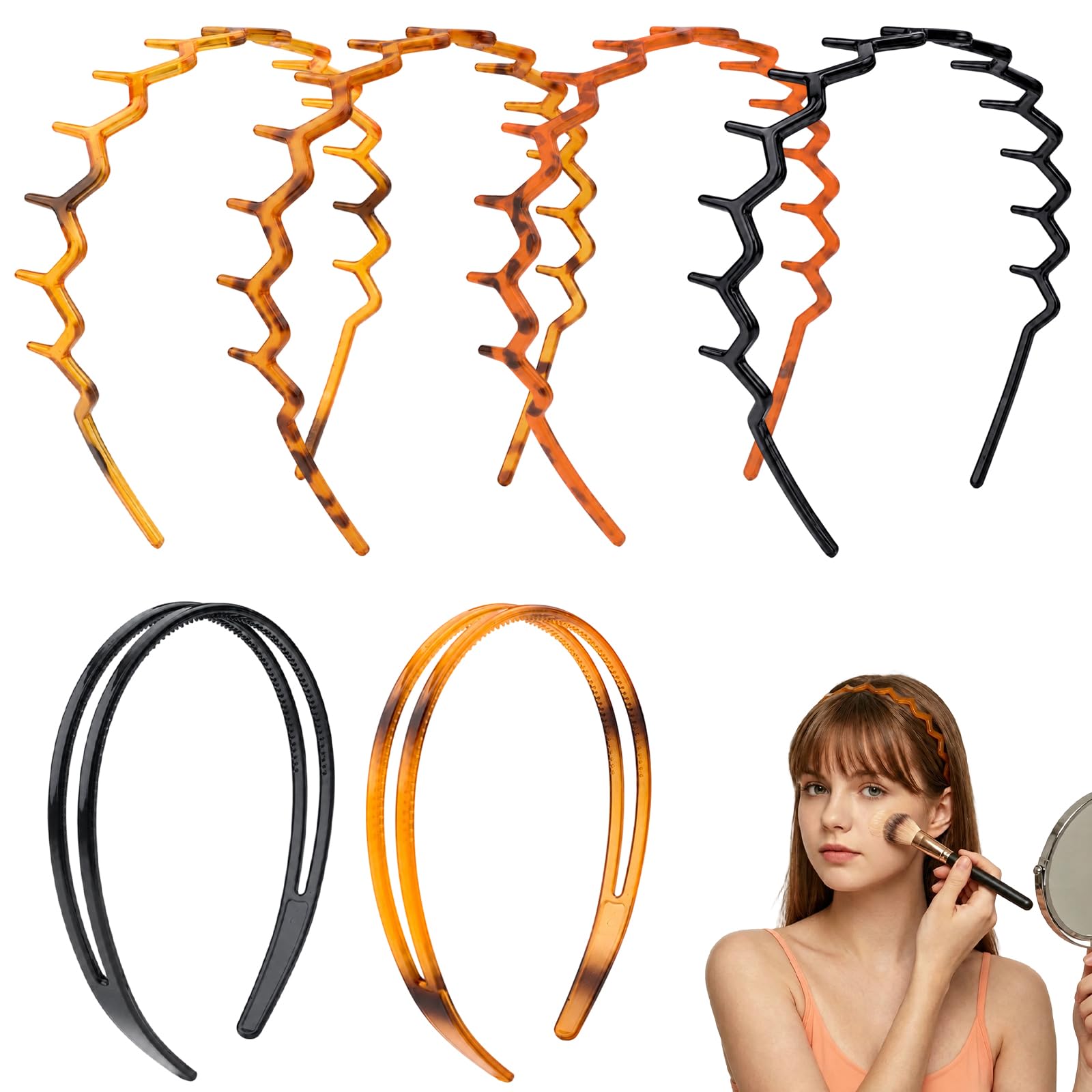 Set di 6 cerchietti per capelli a zig-zag, con pettine a doppia fila di denti, in plastica, di alta qualità, antiscivolo, brillanti, accessori per capelli per donne e ragazze (nero/ambra)