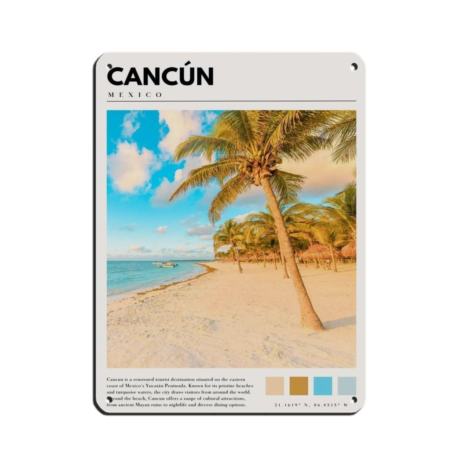 Cancun Mexico Poster Mexico Beach Travel Retro Poster Metal Tin Sign Chic Art Retro Iron Painting Bar People Cave Cafe Family Garage Poster Wall Decoration 12x16inch(30x40cm)