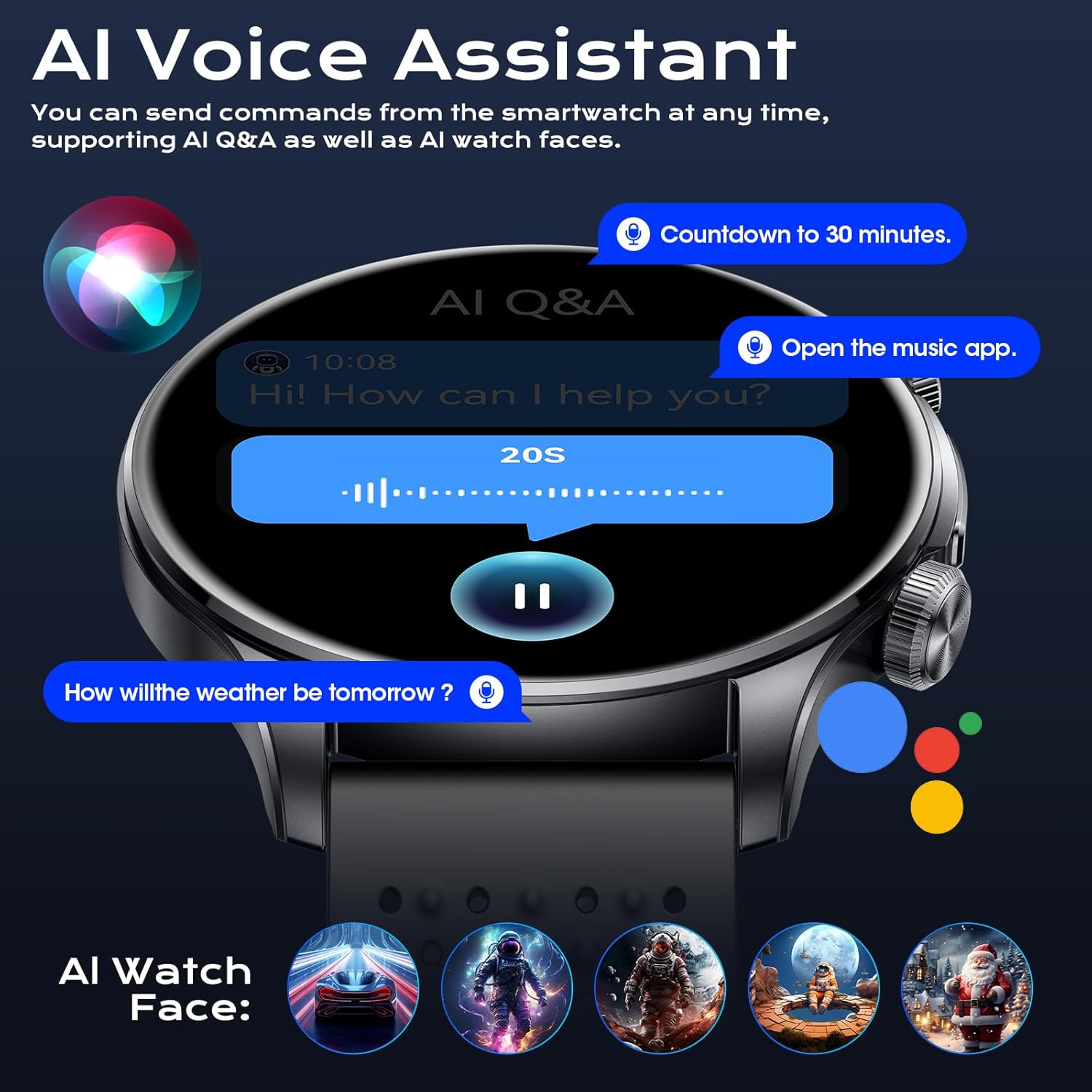 Smartwatch interface showing AI voice assistant functionality with Q&A and AI-generated watch faces.