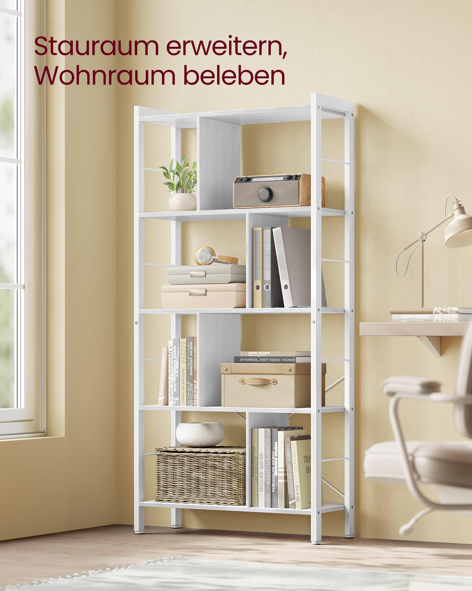 VASAGLE Regal, Bücherregal, Büroregal mit 5 Ebenen, Standregal, Aufbewahrungsregal, groß, Metallgestell, ahornweiß-wolkenweiß LBC012W44