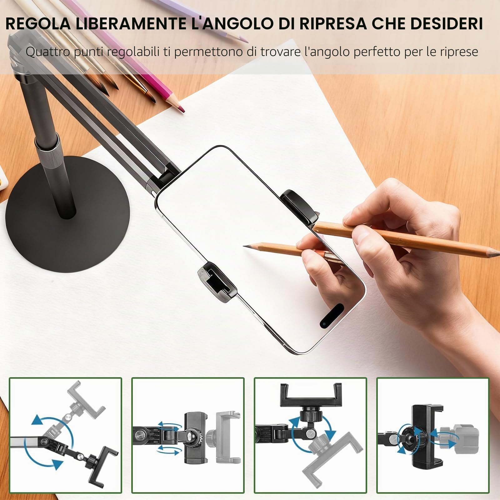 Supporto per Smartphone da Scrivania, Supporto per Cellulare da Tavolo Réglable a 360°, Supporto Telefono in Metallo per Live e Video, Videoconferenza