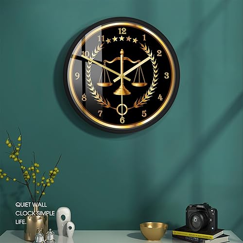 Miniatura 7 de Scale of Justice - Reloj redondo con marco de metal, funciona con pilas, de cuarzo, sin tictac, marco de aluminio negro, reloj de pared para