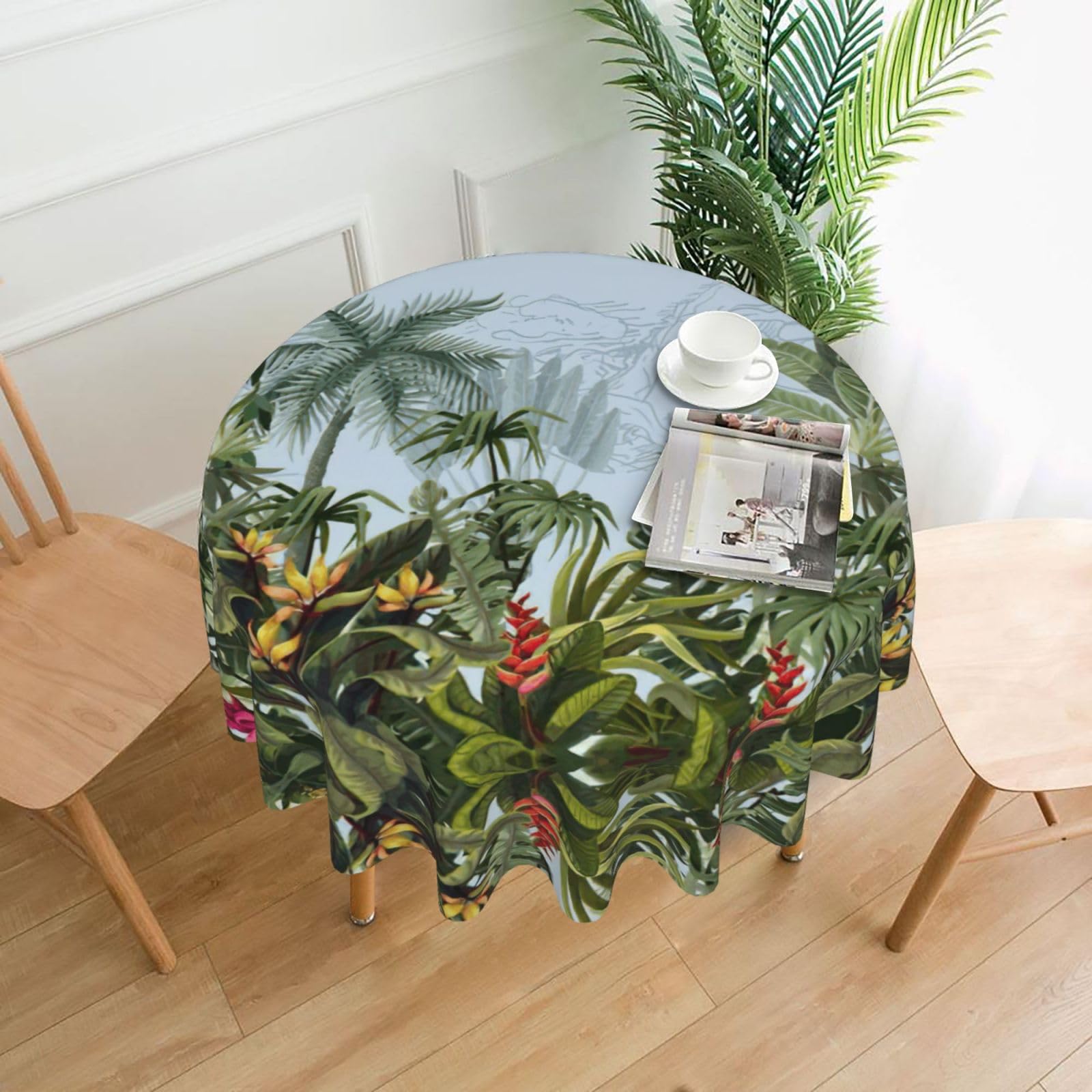 Zcmkjlg Green Palm Leaves Print Quick Ship Round Tablecloth 60in Polyester Washable Cover for Dining Room