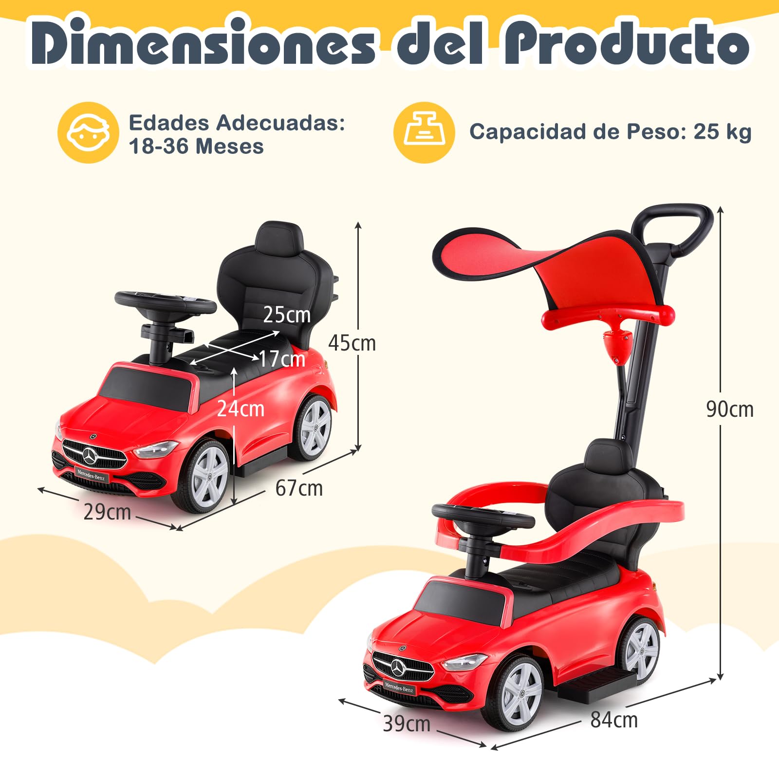 COSTWAY Coche Correpasillo 3 en 1 para Niños, Coche de Juguete con Barra de Empuje y Capota Ajustable, Coche con Pedal y Bocina para Niños de 18-36 Meses con Sonido (Rojo)