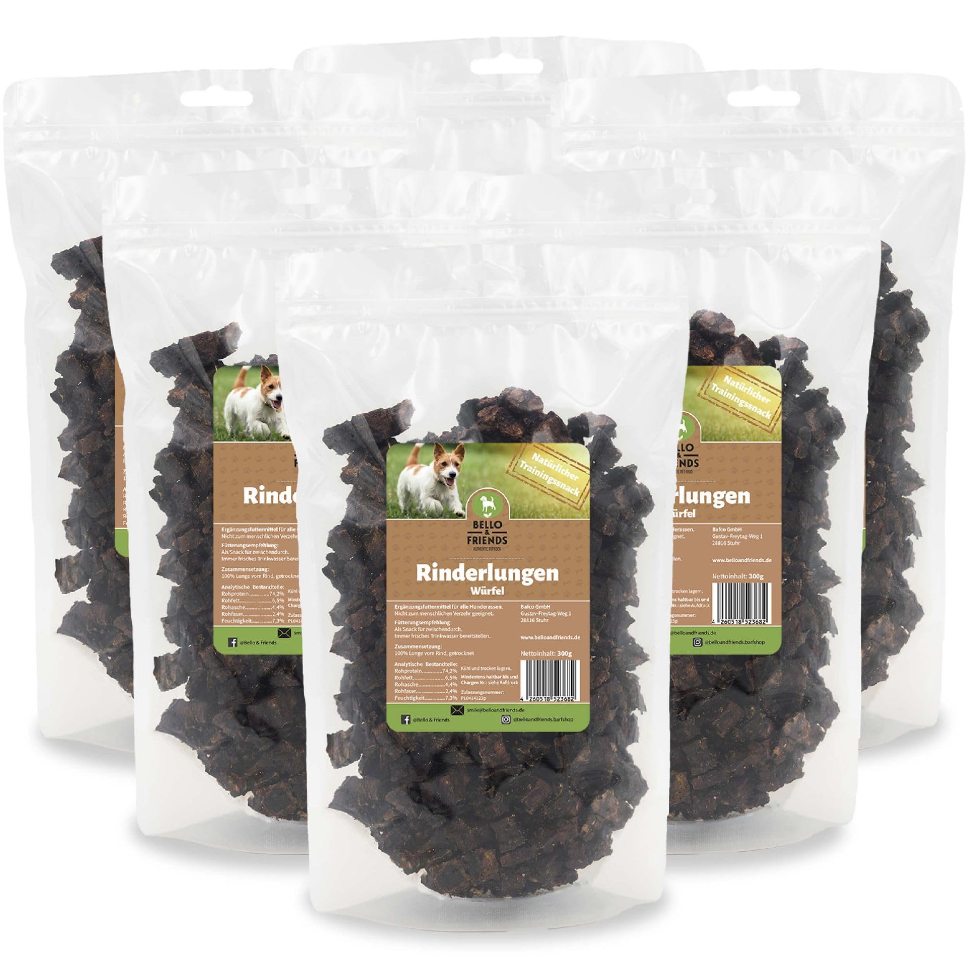 Bello & Friends Rinderlungen Würfel, 5er Pack, 5 x 300g fettarme getrocknete Trainingshappen für Hunde, Snackwürfel
