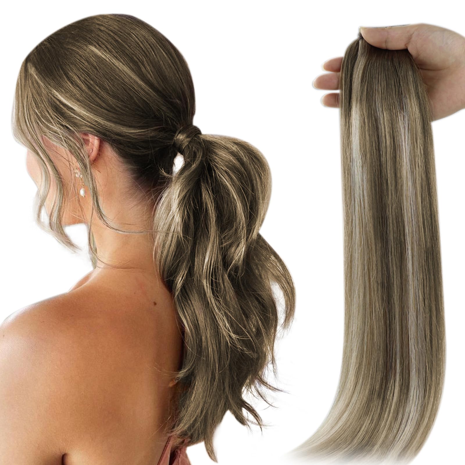 Full ShineReal Human Hair Ponytail Color 6 Fading to 6 Brown and 60 Platinum Blonde 80Grams Hair Extensions Ponytail Long Straight For Women 22Inch Hair Extensions Real Human Hair