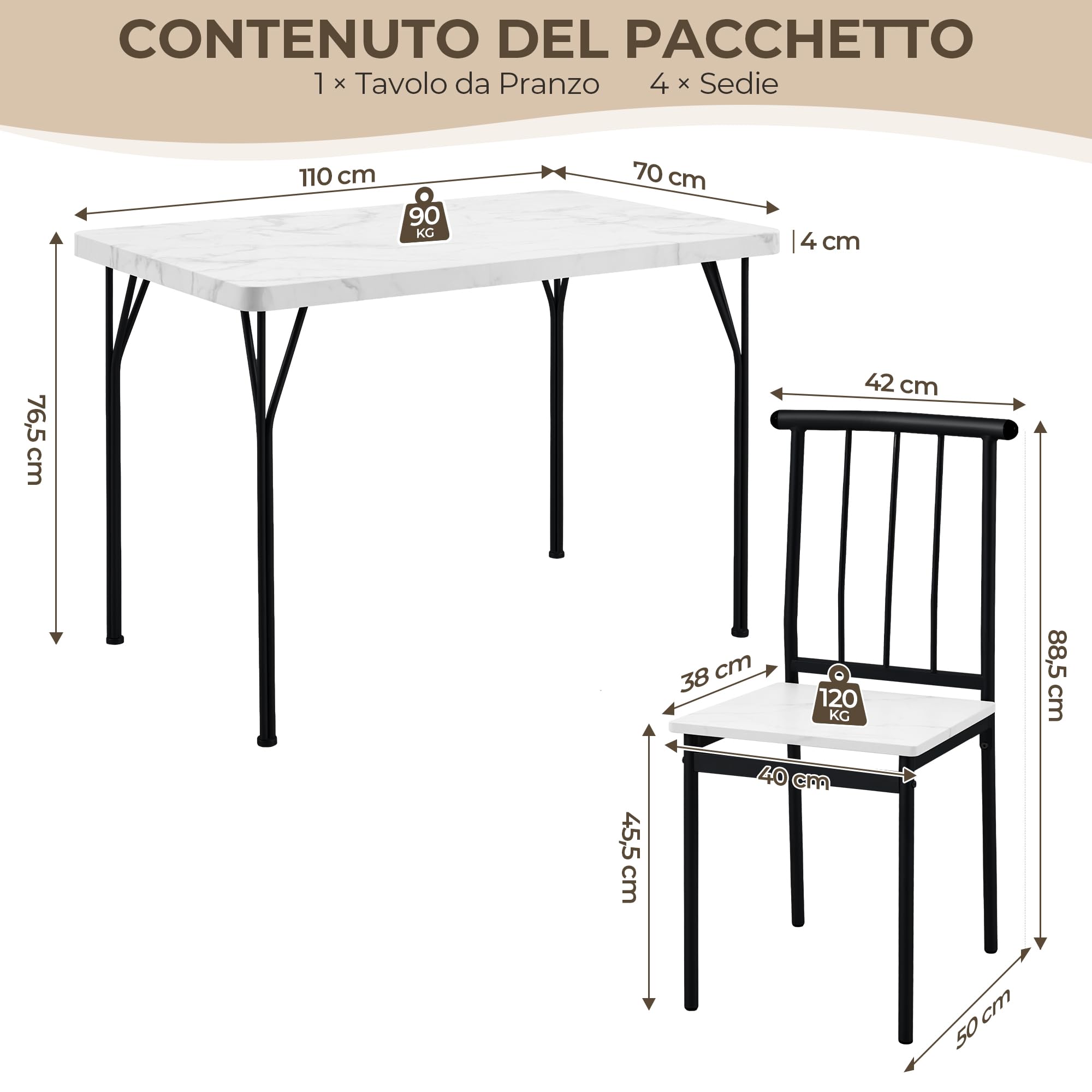 Yaheetech Tavolo da Pranzo con 4 Sedie Industriale Set 5 Pezzi Mobili da Bar Cucina Soggiorno Retro Salvaspazio in Legno e Metallo Marrone Tavolo 110x70x76.5cm Piano Spesso 4cm Bianco/Nero