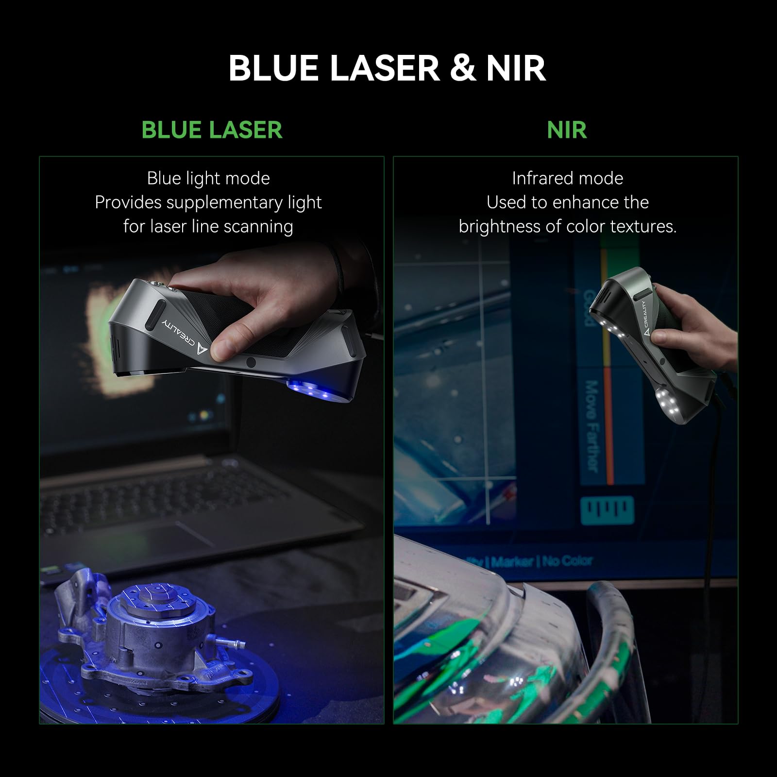 Creality CR-Scan Raptor Scanner 3D, laser bleu et NIR, précision de 0,02 mm, couleur 24 bits, numérise des objets de 5 à 2000 mm, suivi anti-secousses pour Windows MacOS