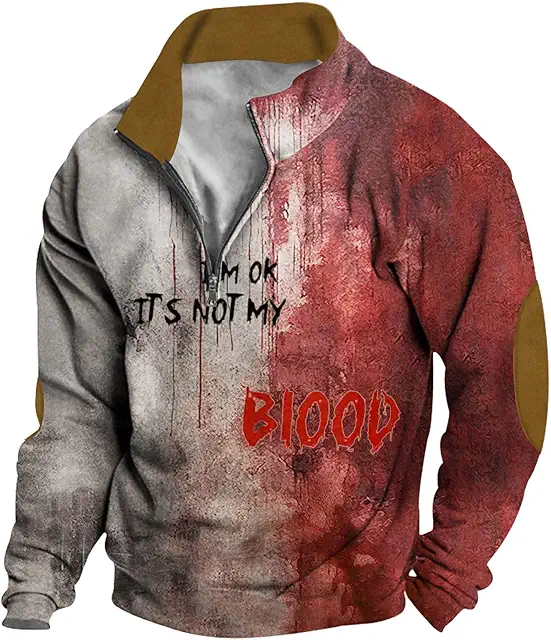 Men's Halloween Bloody Print Half Zip Hoodie with Stand-Up Collar | Hoodie med hög krage