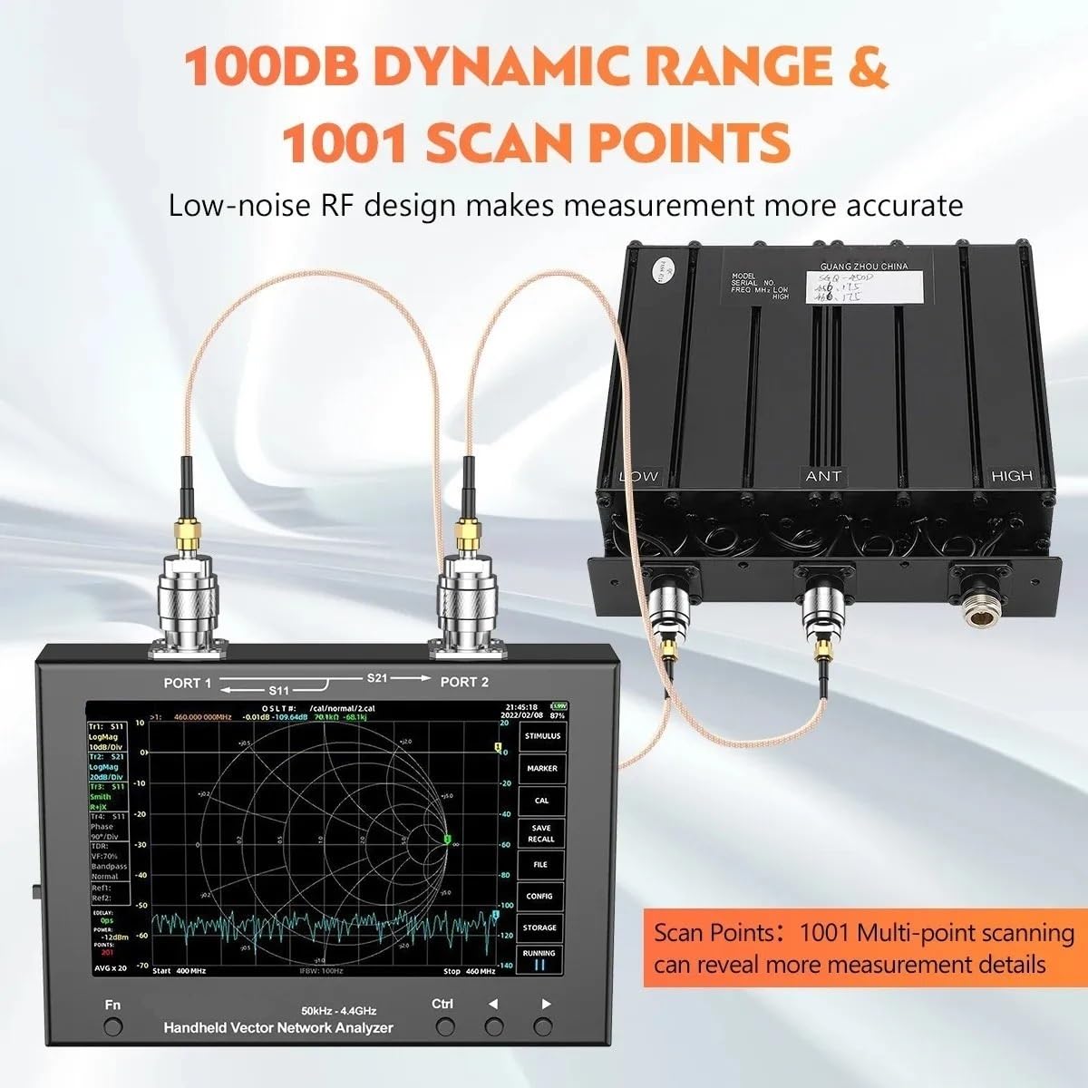 Analizador de red vectorial táctil IPS de 7 pulgadas, VNA portátil de 50 KHz-4,4 GHz, rango dinámico de 100 dB, analizador de antena