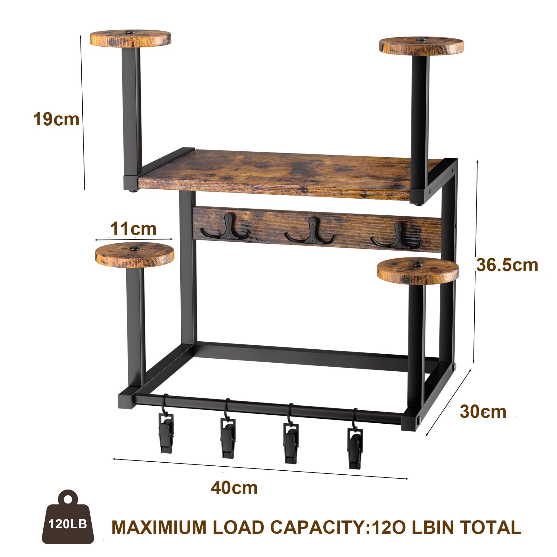 Helmhalter Wandhalterung, Motorradhelmhalter Plattenständer Display Organizer mit 1 Holzschichtbrett, 4 Helmständer und Haken für Motorrad, Fußball, Radfahrerausrüstung