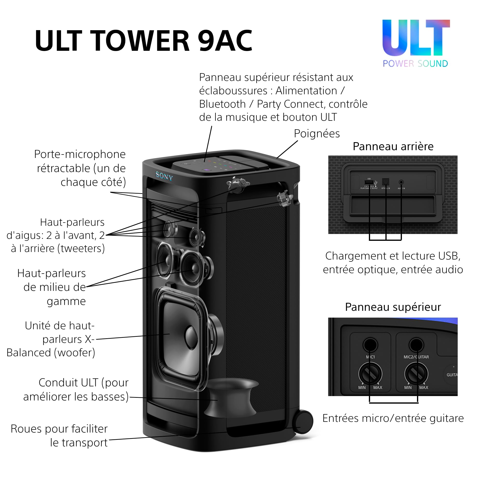 Sony ULT Tower 9AC - Enceinte Bluetooth Party Box Ultimate, Alimentation Secteur, 2 Modes ULT Power Sound, X-Balanced Speaker, 360° Lighting & Sound, entrées pour Karaoke - Noir
