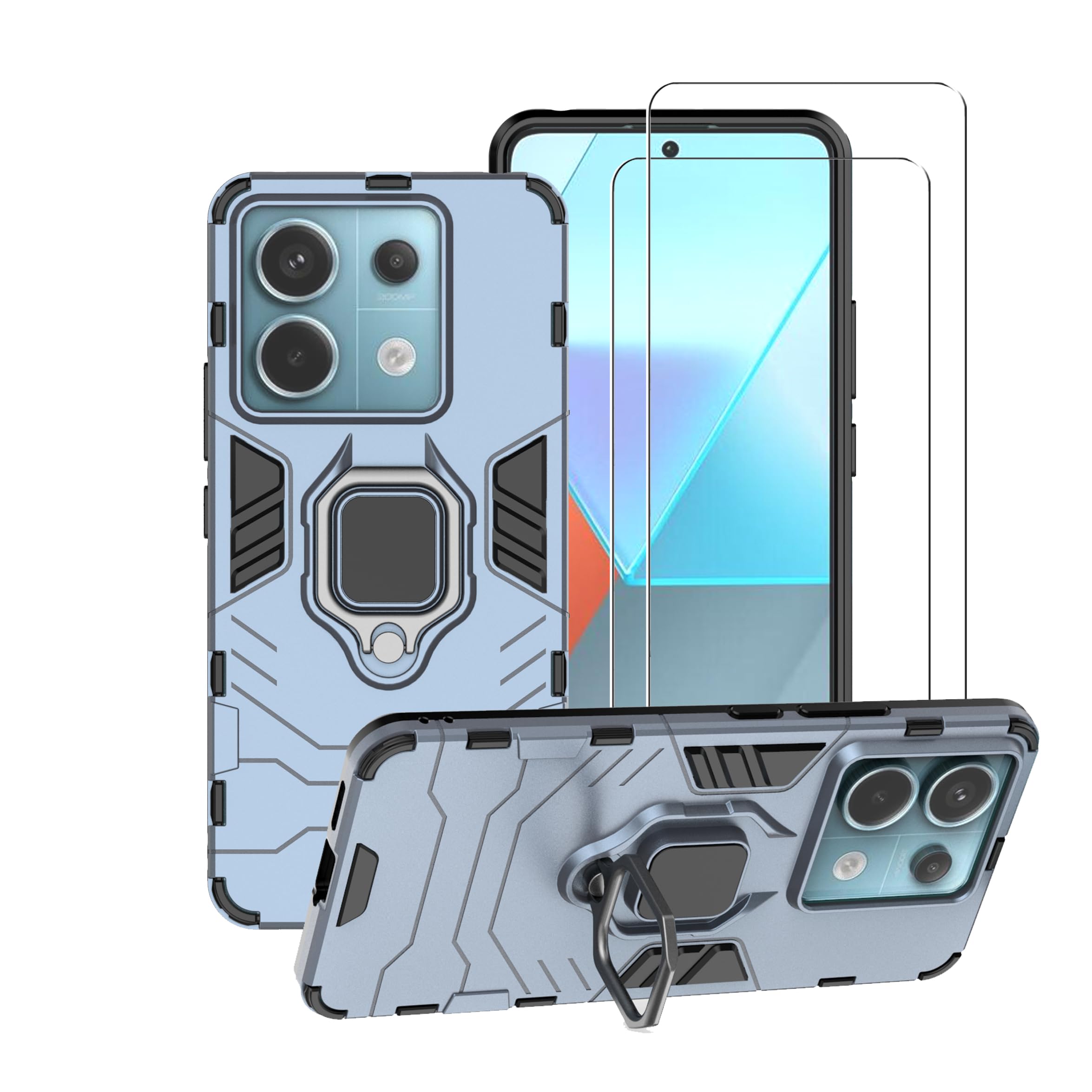 WRTBS for Xiaomi Redmi Note 13 Pro 5G Case Cover with Glass Screen Protector [2 PACK] Heavy Duty Dual Layer Military Grade Shockproof Protective Cover with Magnetic Ring Kickstand - Blue