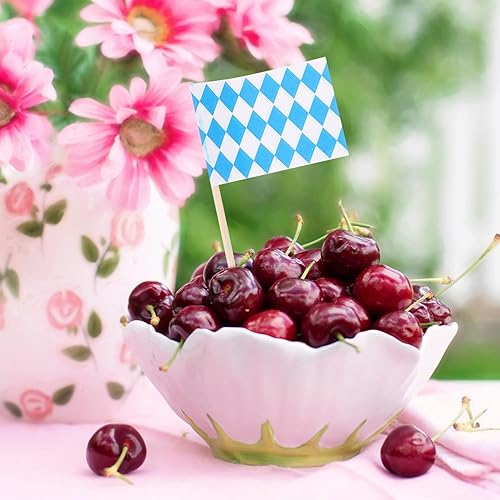 Miniatura 5 de Luxshiny Púas de Oktoberfest 200 piezas de bandera bávara para cupcakes, palillos de dientes, banderas, aperitivos de alimentos, bebidas, frutas,