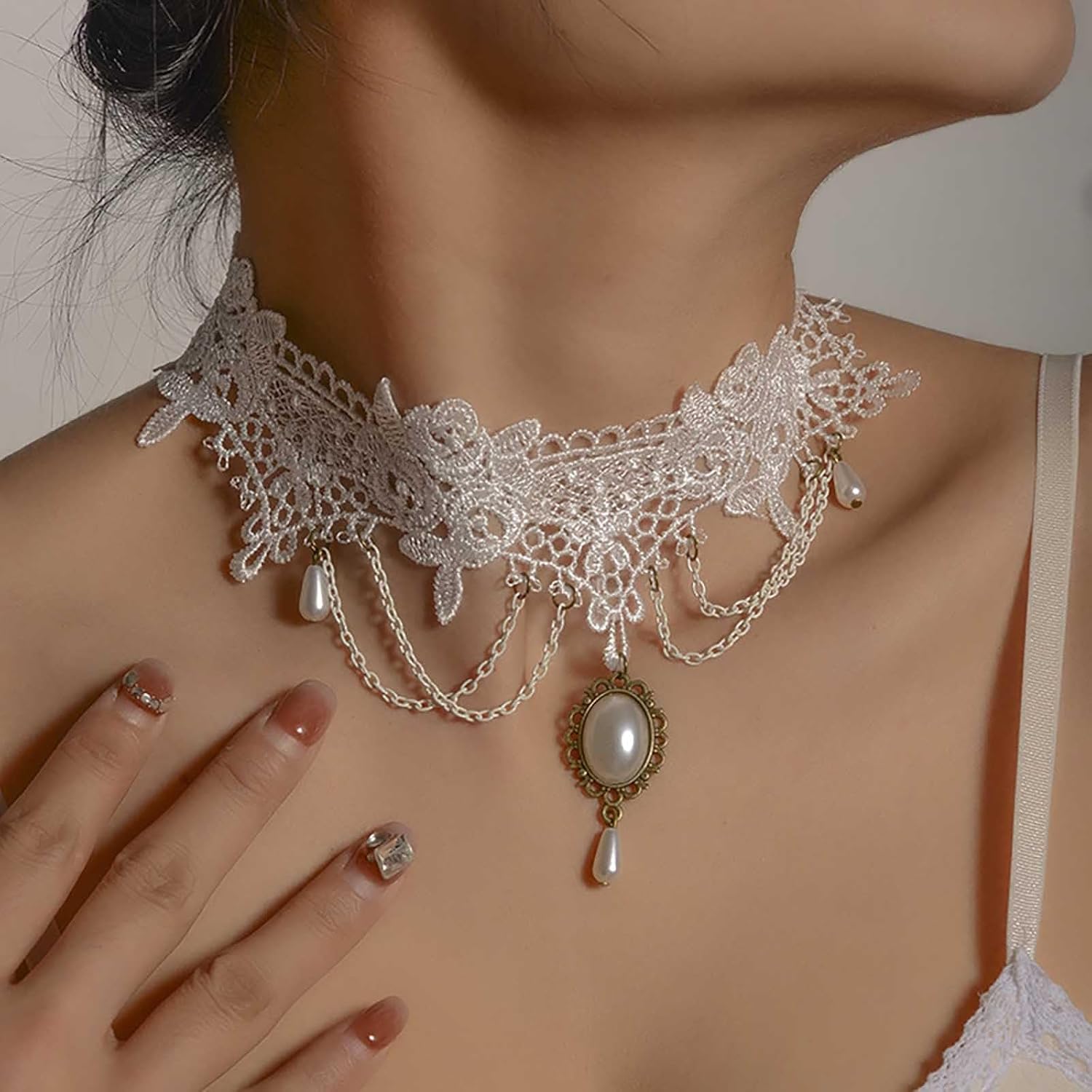 Punk White Lace Choker Necklace Steampunk Lace Necklace Pearl Chain Tassel Necklaces Bridal Pearl Necklaces Halloween Choker Jewelry for Women - Image 2