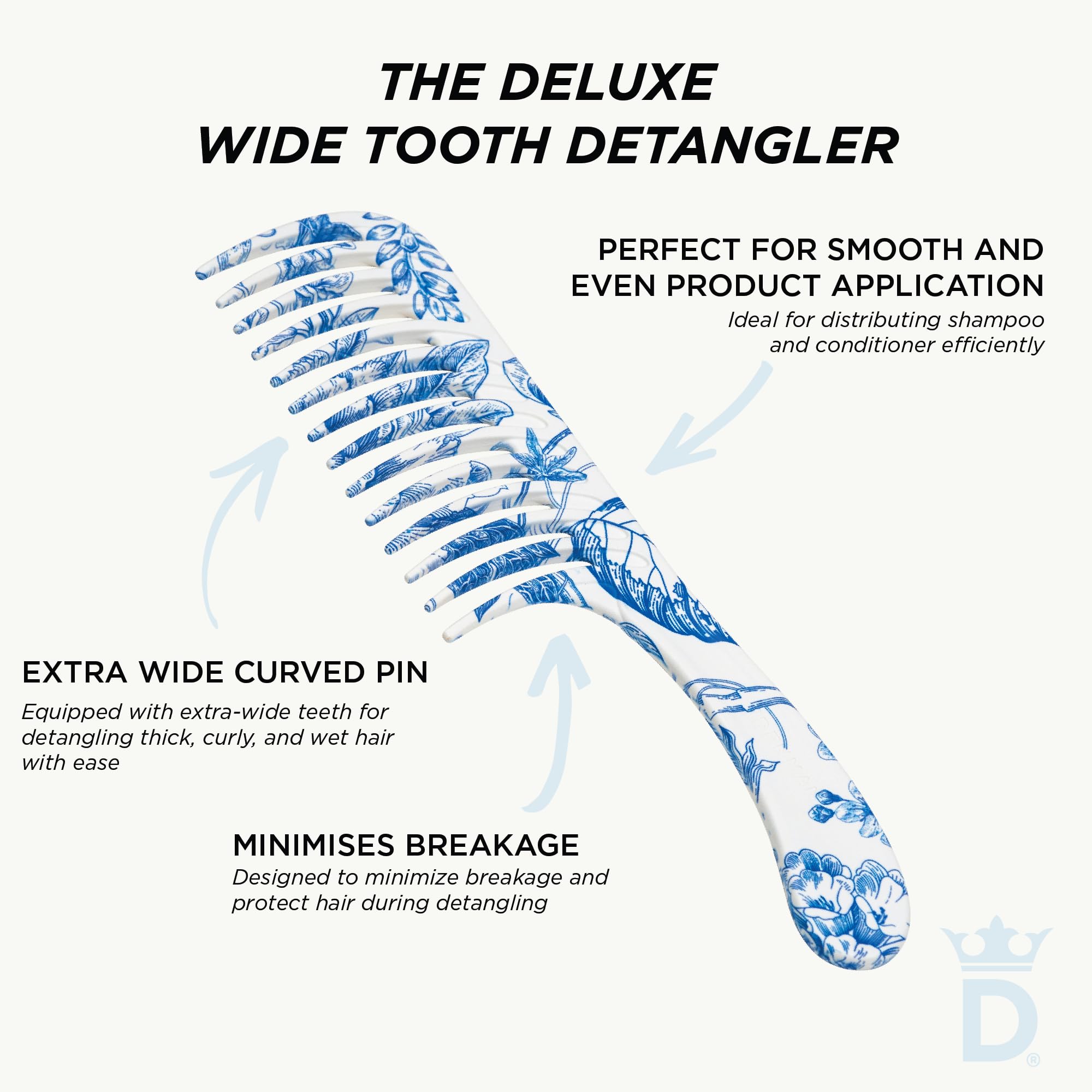 Denman Wide Tooth Detangling Comb - zakrzywiony pin do detanglingu, loków, wygładzania - grzebień do wszystkich typów włosów, dla kobiet i mężczyzn, D28 Blue Belle