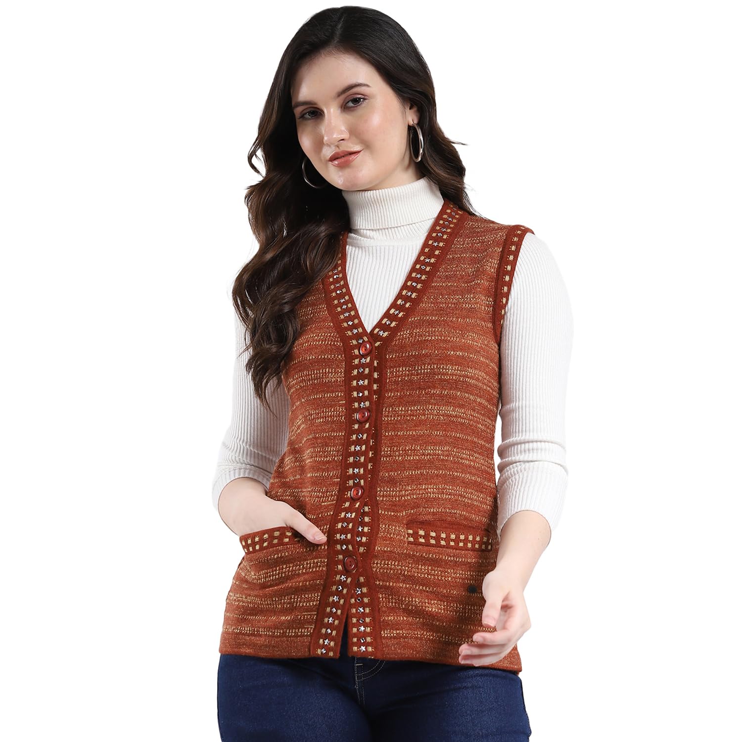 Women Regular Fit V Neck Striped Button Closure Sleeveless Cardigan | Warm Winter wear | Cozy Knitted Sweater | Casual Layering Outfit | Winter Cardigan for Women's