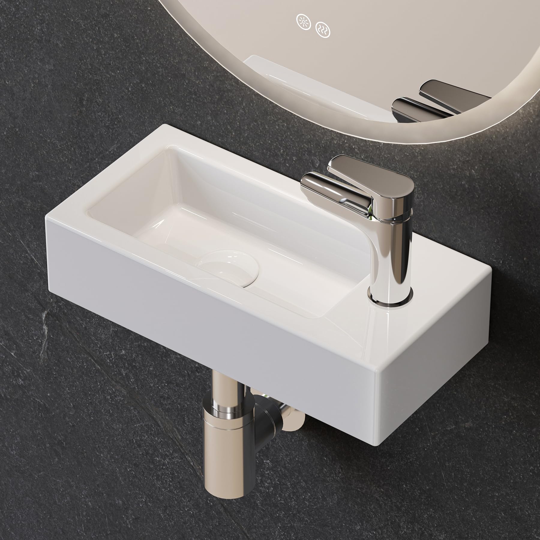 HOROW Lavabo colgante pequeño para invitados para baño, mini lavabo montado en la pared, lavabo rectangular, lavabo de mano con agujero para grifo a la derecha, blanco, 37 x 18 x 9 cm, sin desagüe