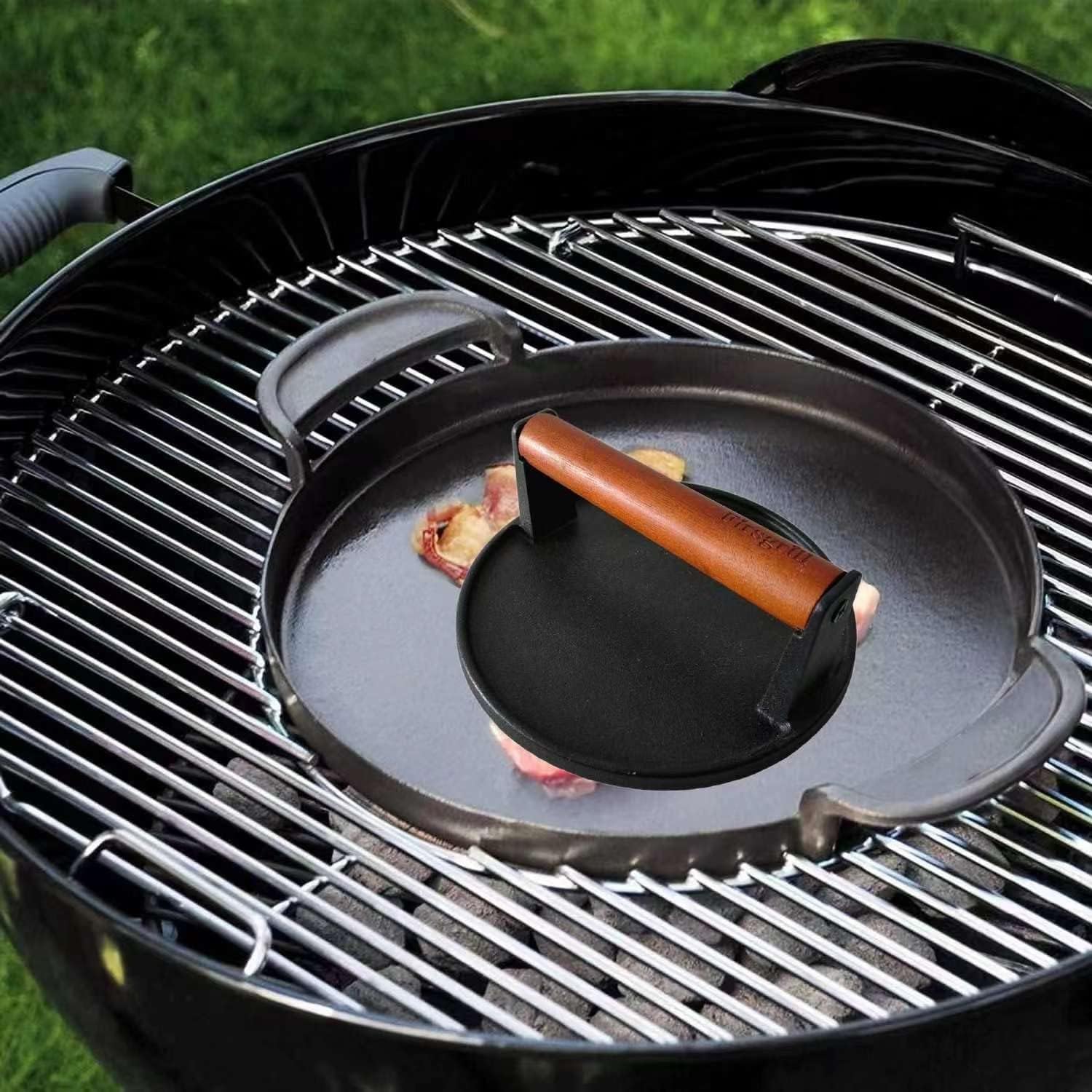 Firsgrill Burgerpresse, 16,8 cm, rund, robust, Gusseisen, Smash-Fleischsteak mit Holzgriff, für Blackstone Weber Treager Grills (YPX) (16,5 cm rund)