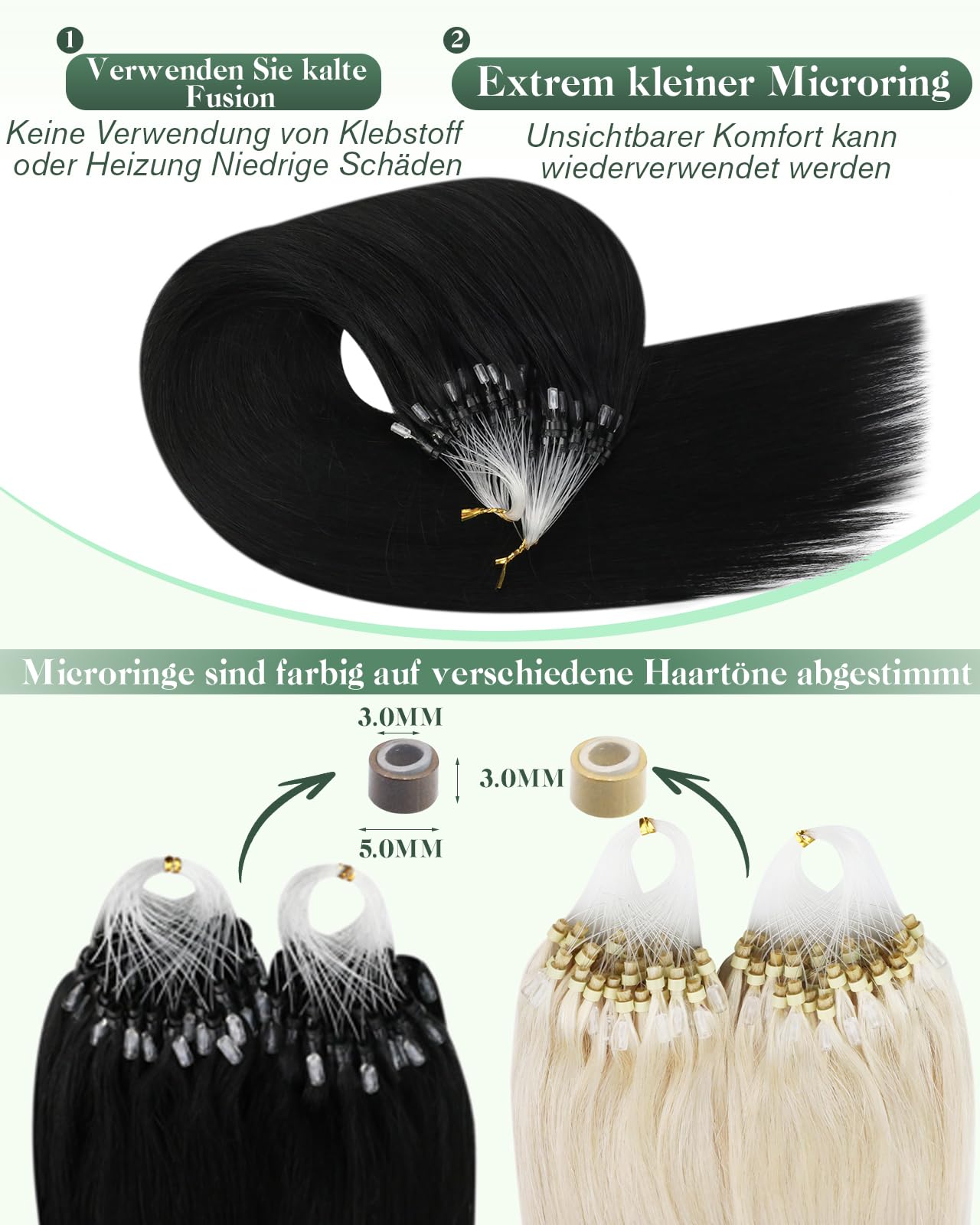 Ugeat Microring Extensions Echthaar Schwarz 55 cm Microring Echthaar Extensions Glatt Schwarz Haarverlängerung Micro Black Remy Haar 50g 50s