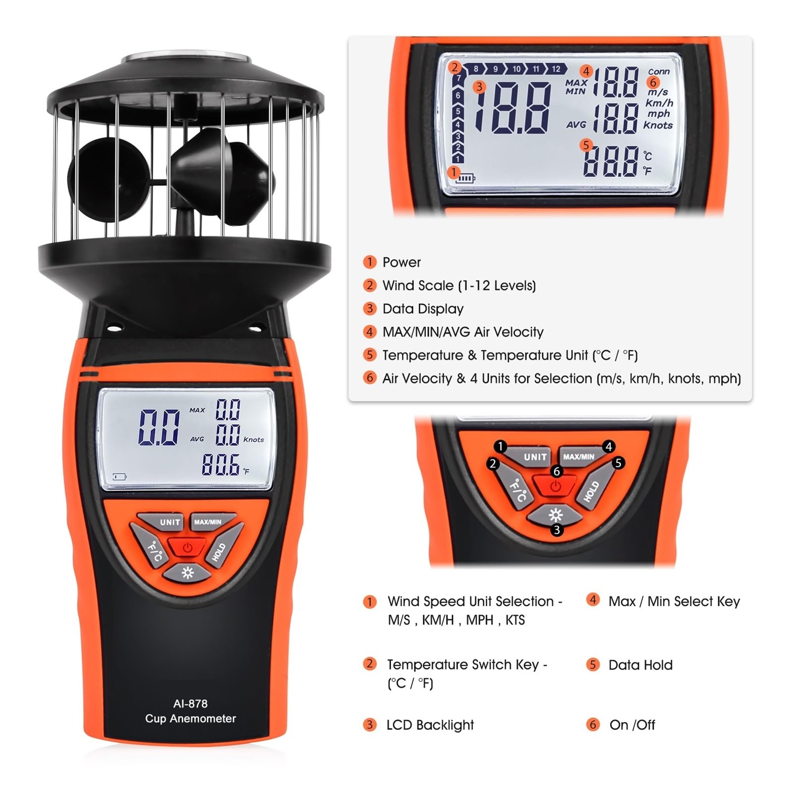 Anemometro, Anemómetro de copa de viento, medidor de velocidad del viento de alta precisión que mide la velocidad y la temperatura del viento.