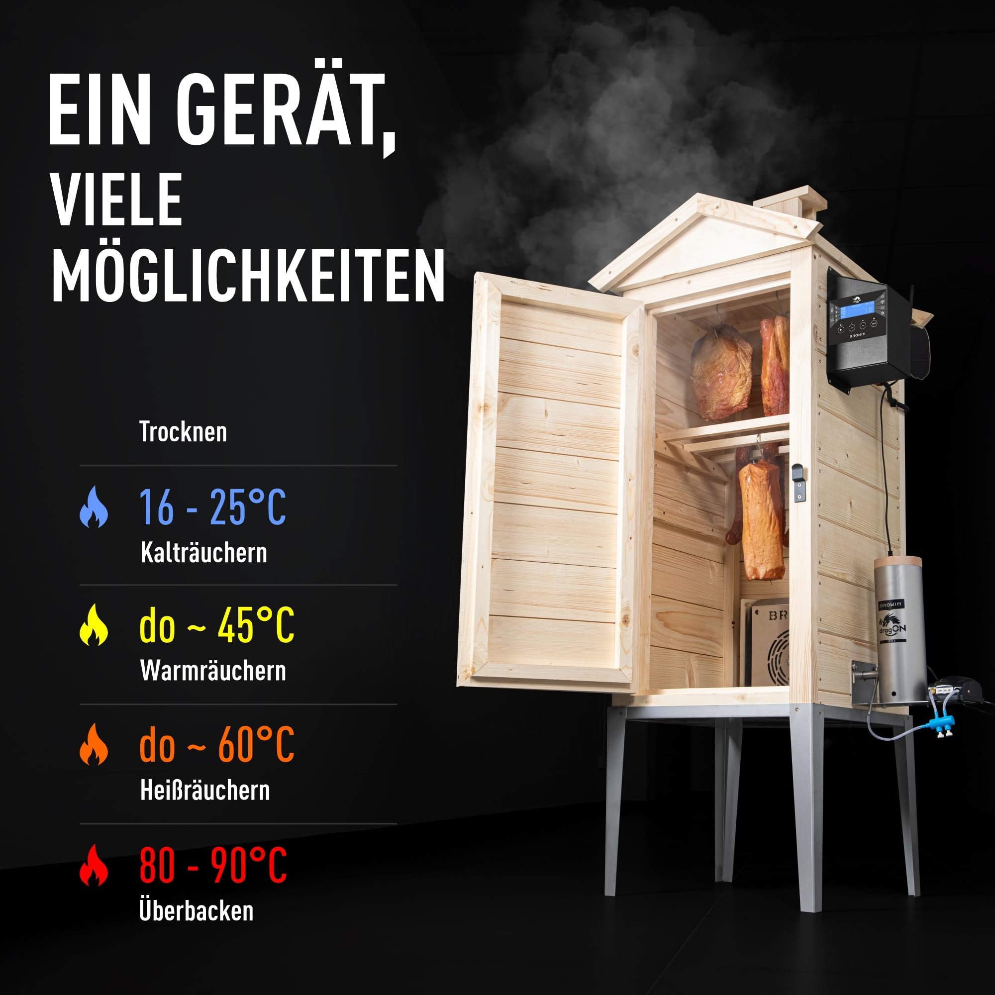 BROWIN® Elektryczny, modułowy opiekacz na drewno z Wi-Fi dragON Wood 330346 IQ100 | Opiekacz ogrodowy z generatorem dymu | Idealny dla wykwintnych doznań smakowych | Duża pojemność 200L
