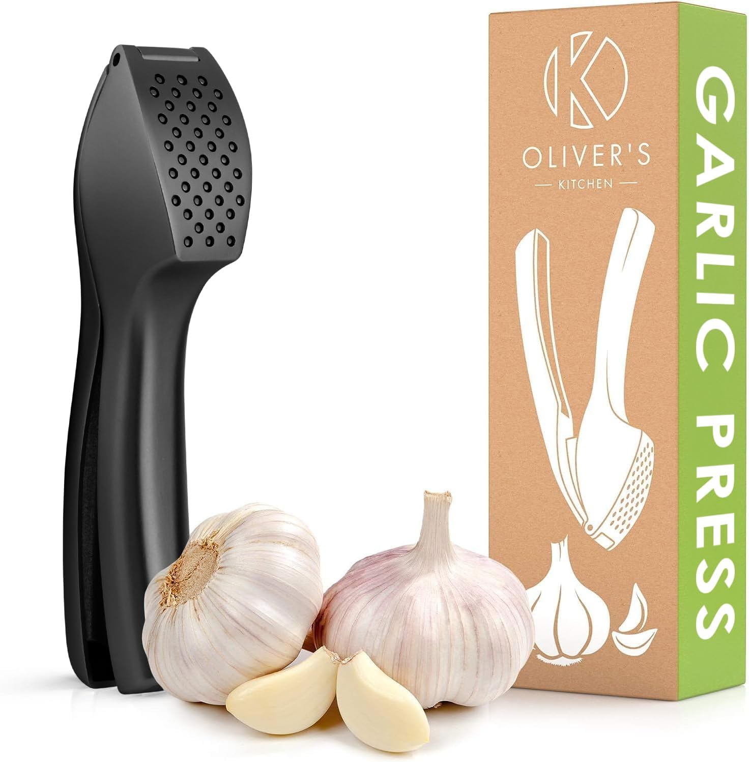 Oliver's Kitchen ® Premium Garlic Press - Super Easy to Use & Clean Garlic Crusher & Mincer - Crush Garlic & Ginger Effortlessly (No Need to Peel) - Built for Life - Strong & Durable (Matt Black)