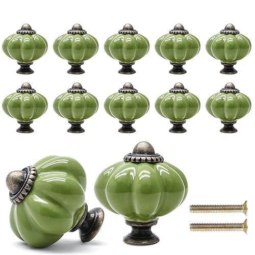 12 Pack Sage Green Pumpkin Knobs Ceramic Cabinet Knobs Retro