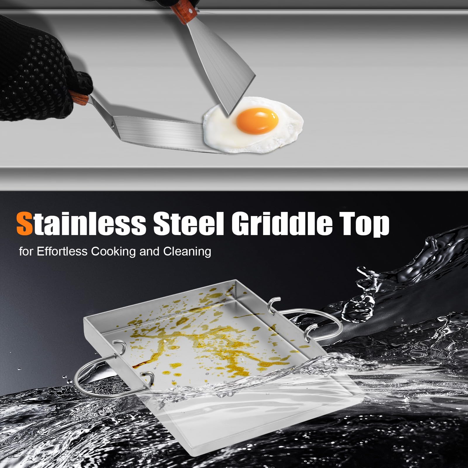 40x30cm Plancha Grillplatte Set, 2 Spachteln + 1 Paar Grillhandschuhe, 4mm Dicke Grillplatte Gasgrill mit Fettablauf, Grillschale Edelstahl für Gas und Holzkohlegrills