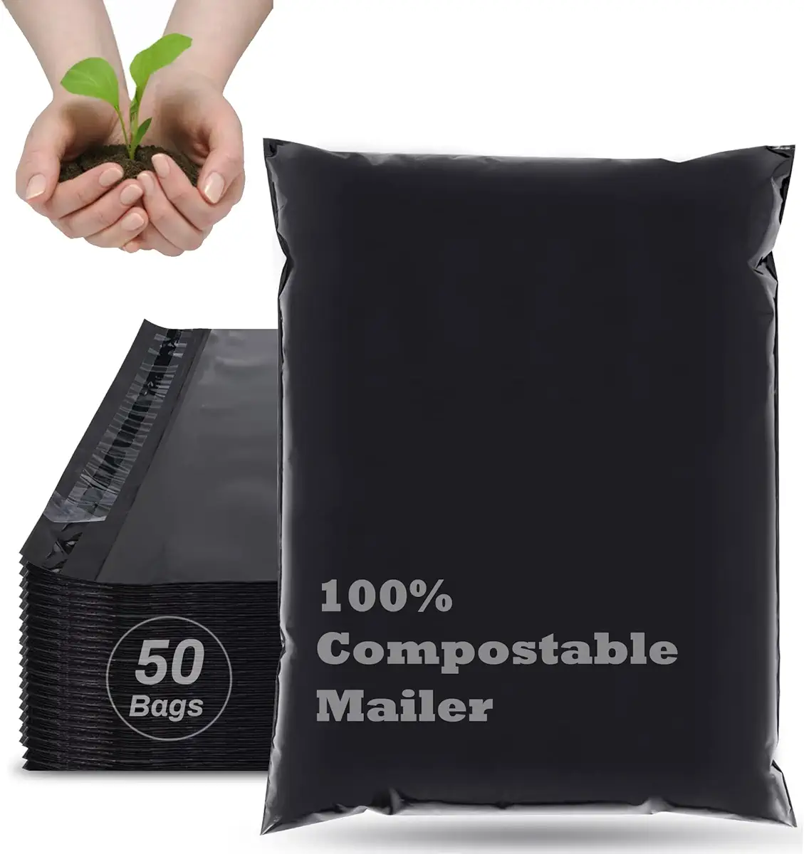 JENCENBIO Compostable Mailers Bags 10x15inch with Self-sealing Strip Eco Friendly Shipping Bags Envelopes for Clothing Shoes Packaging 50 Pack Black