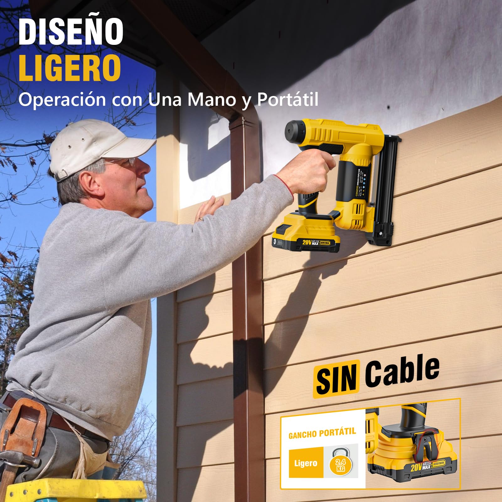 Alloyman 20V MAX Pistola de Clavos y Grapadora Eléctrica Inalámbrica 2 en 1, Clavadora 18GA con Batería 2,0Ah y Cargador, Incluye 1000 Clavos y 500 Grapas, para Bricolaje y Carpintería