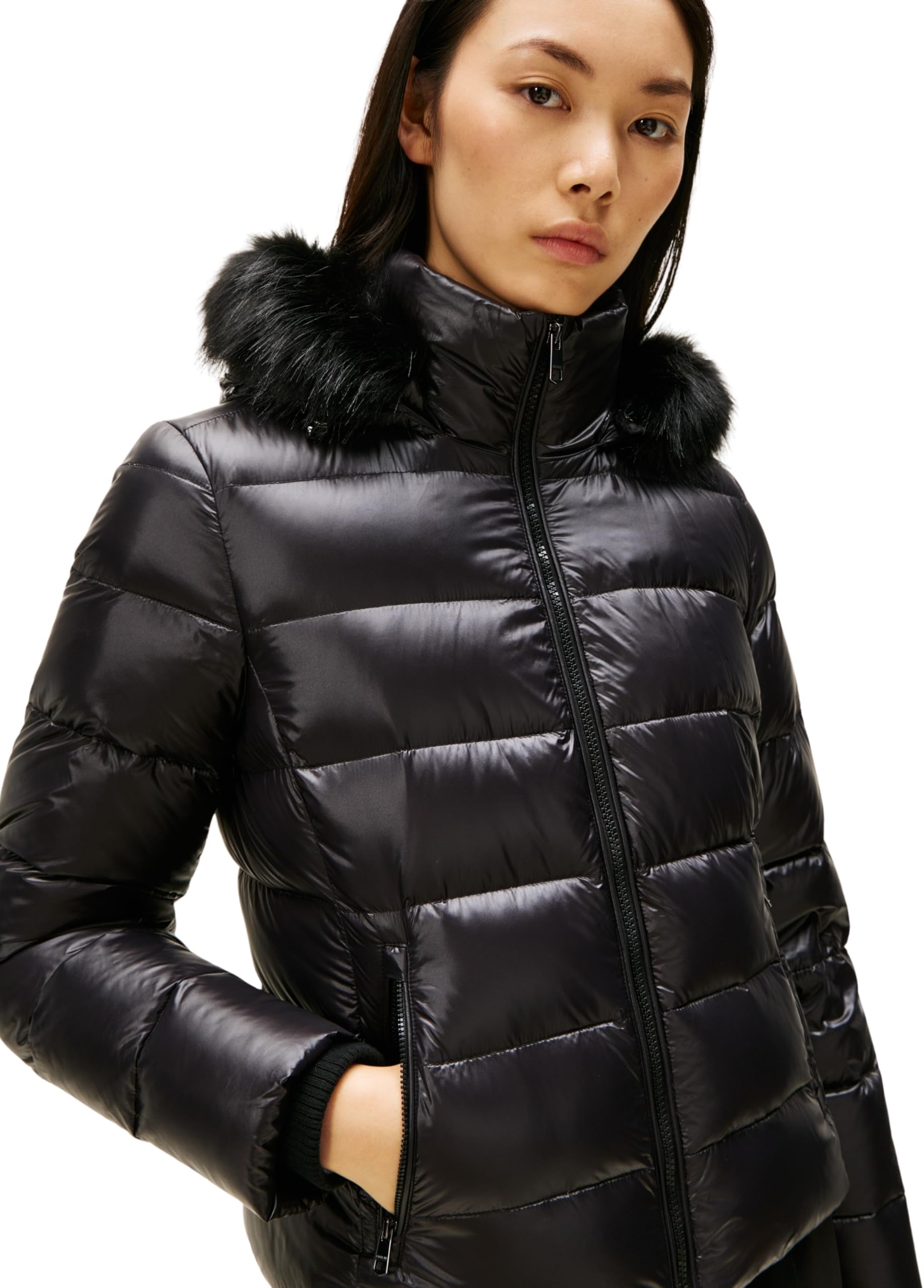 Tommy Hilfiger Donna Piumino Gloss Down Slim con Inserto in Pelliccia