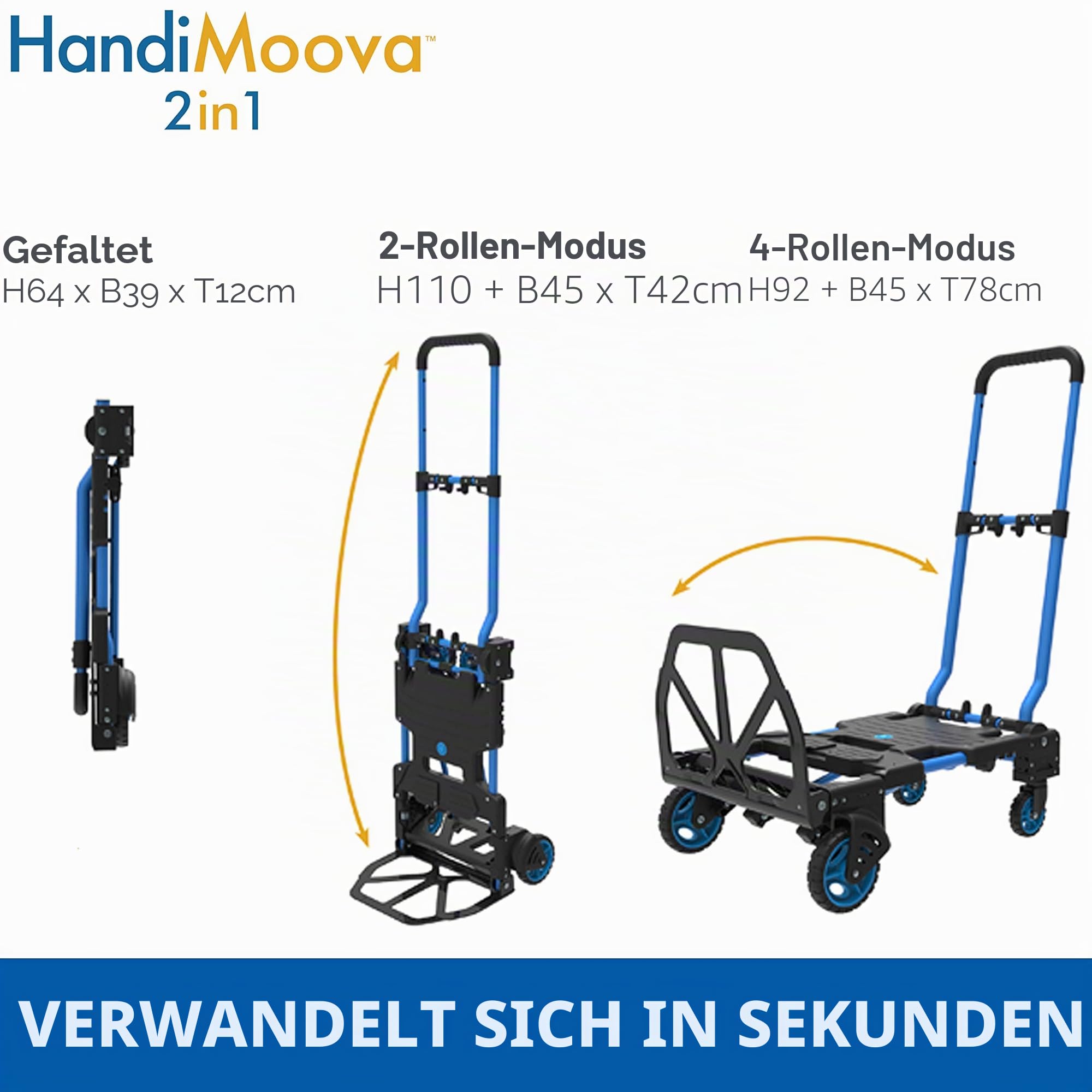 HandiMoova 2-in-1-Sackkarre, 70 kg, multifunktional, 135 kg, zusammenklappbar, in Sekunden konvertierbar