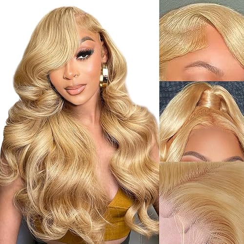 SFD Honey Blonde Lace Front Wig Human Hair 24 Inch 13x4 Blonde Lace Front Human Hair Wig For Women Honey Blonde Wig Human Hair HD Lace Any Part With Baby Hair 150% Density 27# Blonde Body Wave Wig