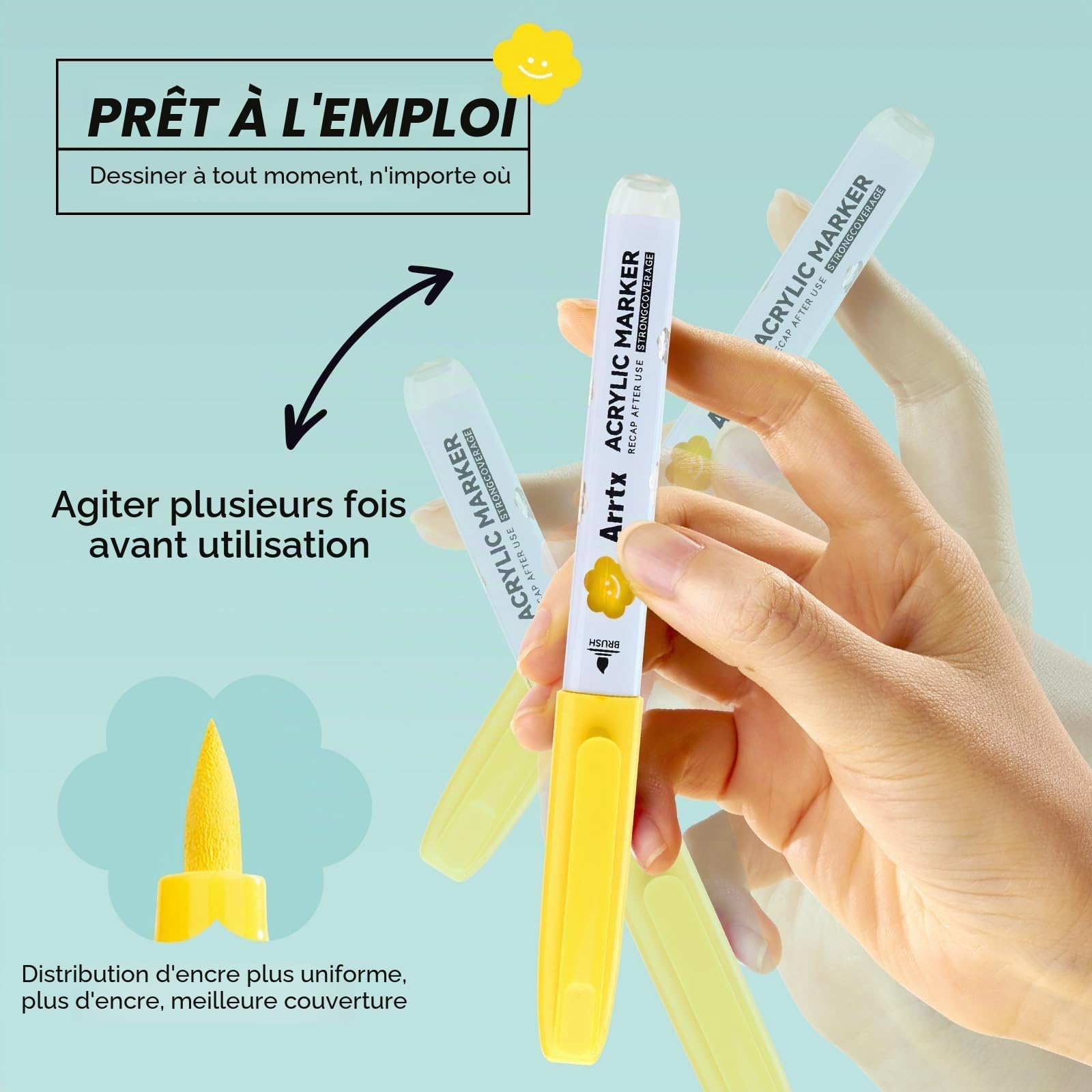 Arrtx Feutre Acrylique 36 Couleurs, Marqueurs Acryliques à Pointe Pinceau, Set de Stylos pour la Peinture de Roches, Verre, Pierre et Bois