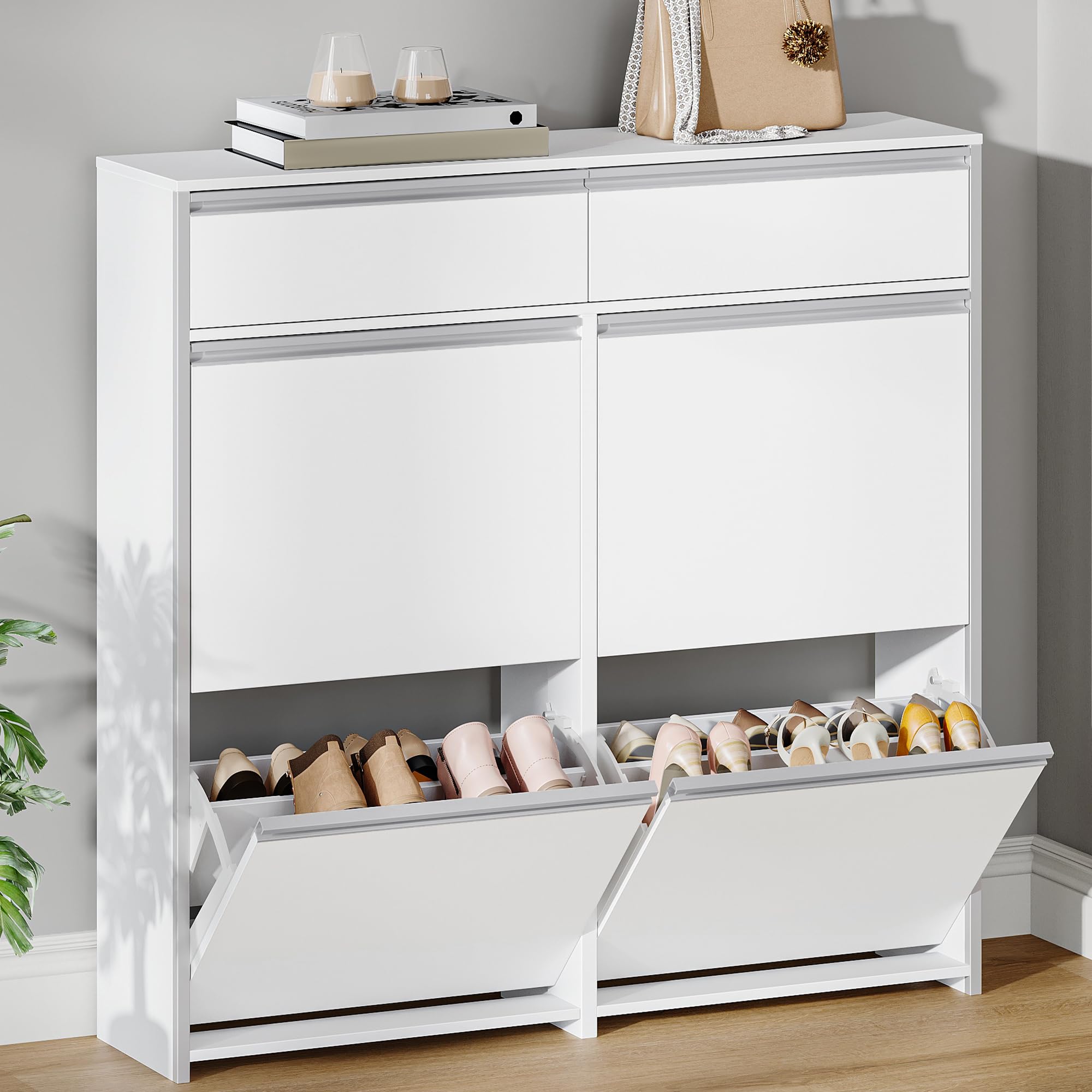 HEXCELEN Meuble à Chaussures avec 4 Battants, 16 à 24 Paire, Blanc-Argent | Étroit Étagère à Chaussures avec Tiroir, Meuble à Chaussure, Séparateur Réglables, pour Couloir, Entrée, 100 x 24 x 99 cm