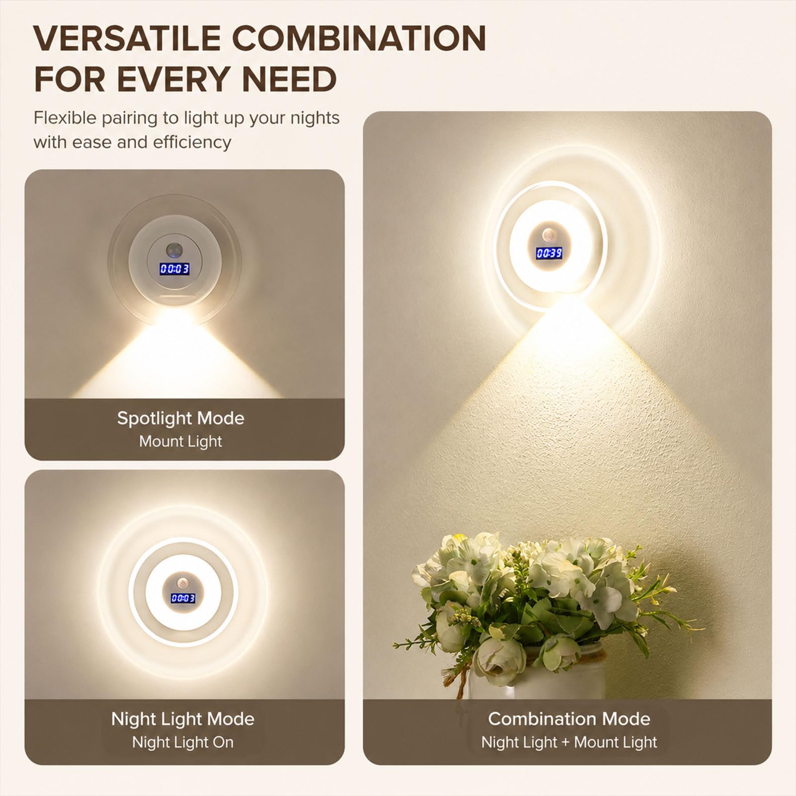 Smart LED Clock Night Light with Motion Sensor, Rechargeable Dimmable Wall Lamp with Remote, 3 Color Temperatures & 3 Lighting Modes, Digital Clock Nightlight for Bedroom Bathroom Hallway (3Set)