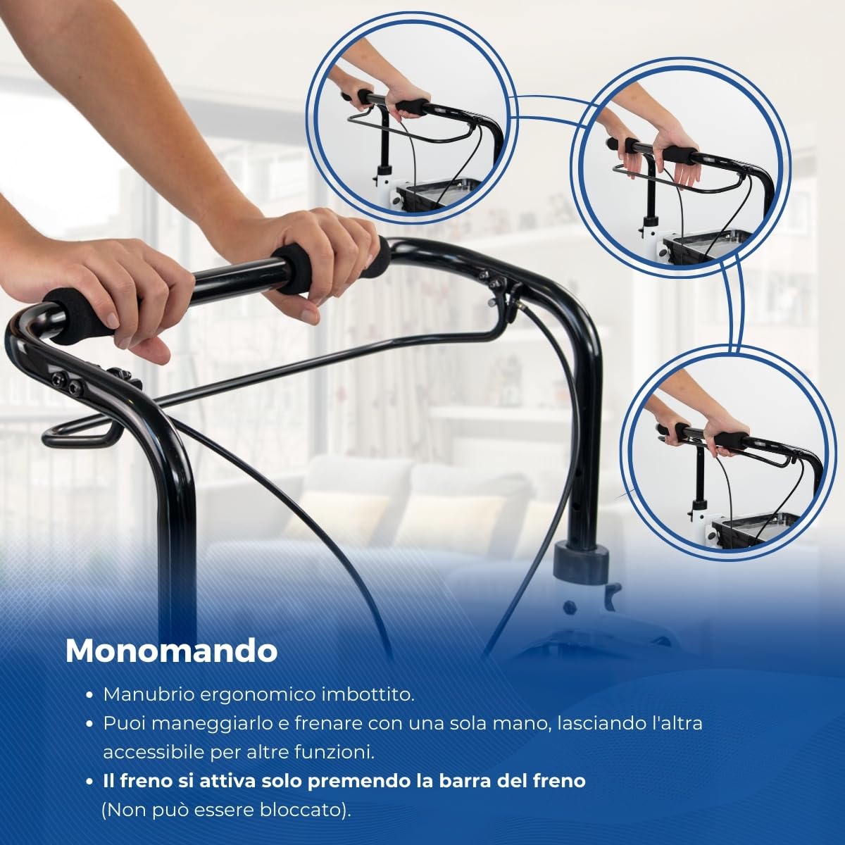 Mobiclinic®, Deambulatore con 4 ruote, Olimpo, Pieghevole, Moderno, Borsa, Monocomando, Regolabile, Sistema sottoporta, Vassoio, Piroettanti, Freno manuale, Alluminio, Maneggevolezza