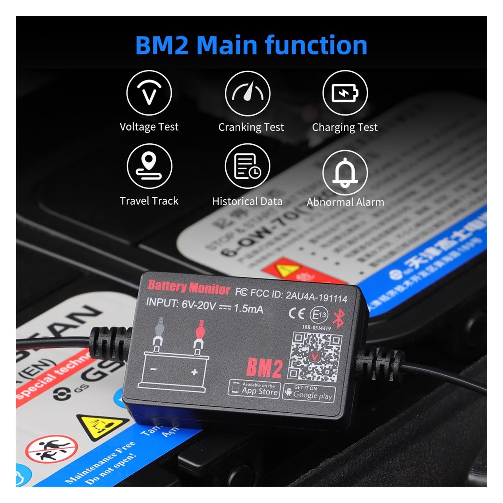 Dispositivo de monitoreo de batería de automóvil BM2, comprobador de batería de automóvil con Bluetooth 4.0, Herramienta de diagnóstico de batería de 12 V