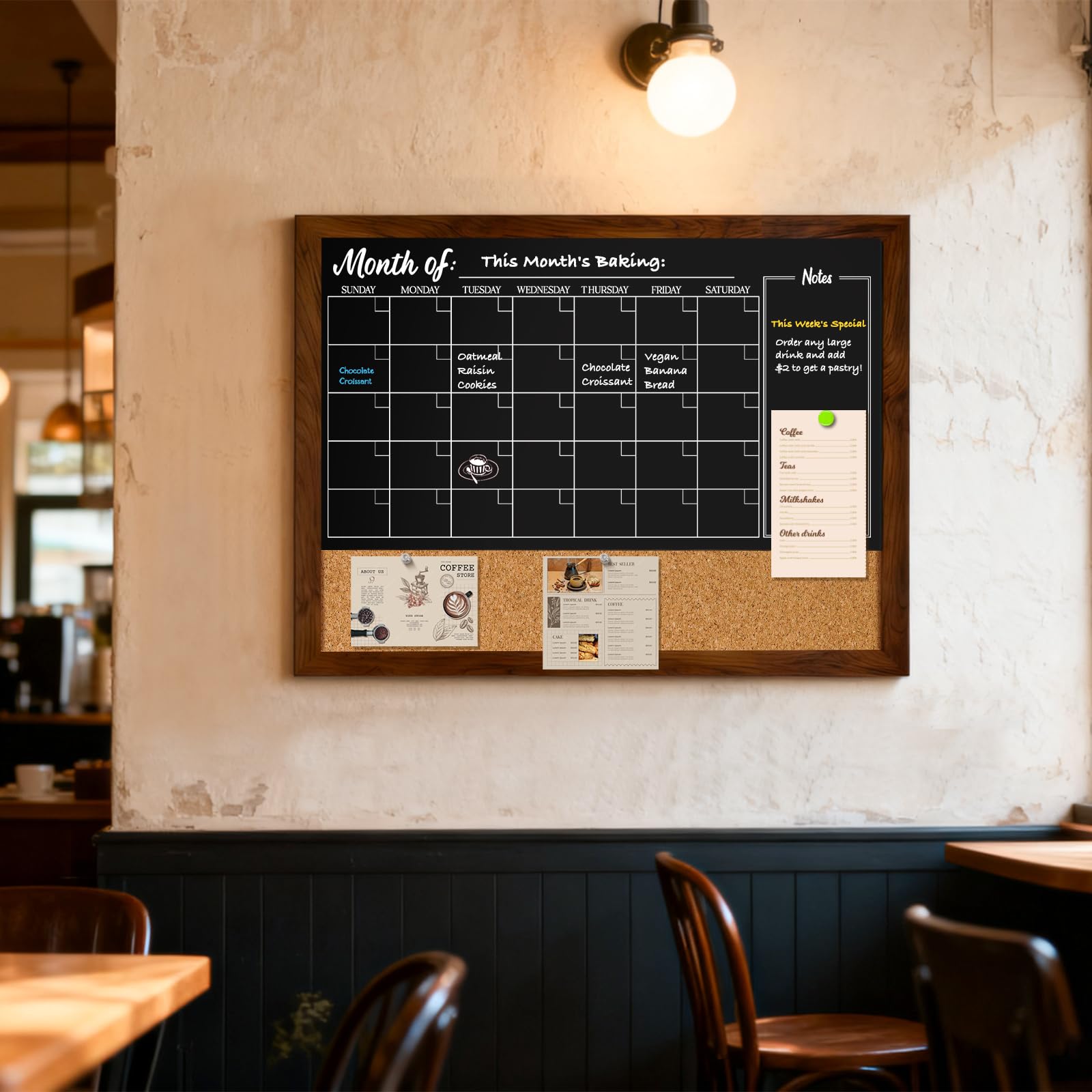 Dollar Boss Pizarra con calendario de corcho, pizarra magnética de 24 x 18 pulgadas para pared, marco de madera rústico, calendario mensual, planificación, menú, tablero, para oficina, hogar, escuela,