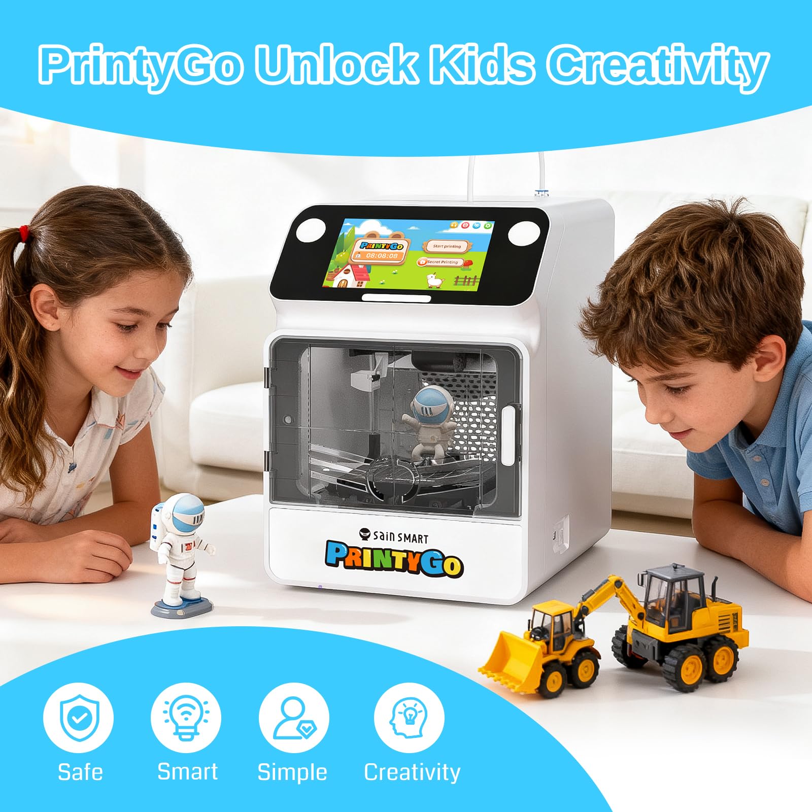 Drukarka 3D PrintyGo Mini dla dzieci, drukarka z automatycznym poziomowaniem 600 mm/s dla początkujących, bezpieczna dla dzieci konstrukcja, sterowanie przez Wi-Fi/aplikację, prezent do nauki STEM