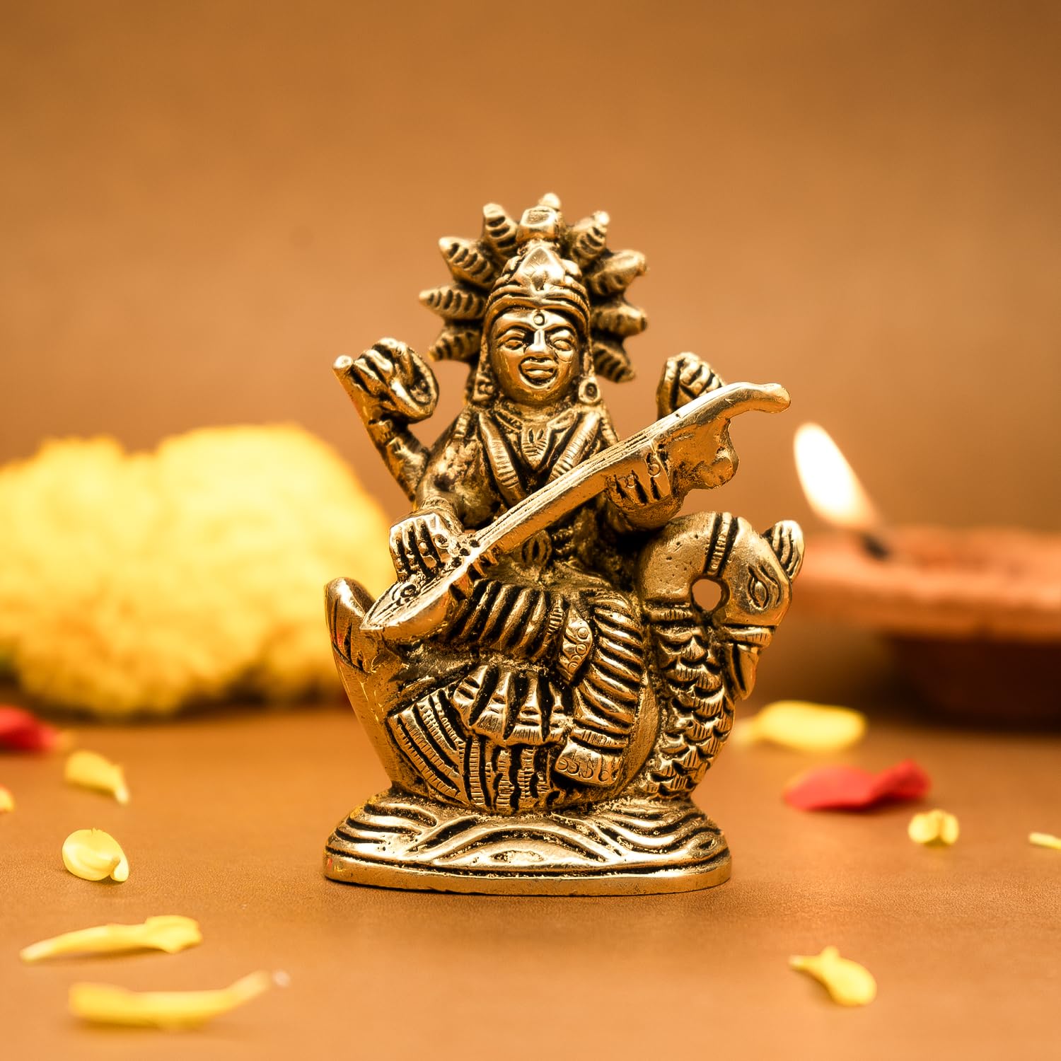 Ekhasa 100% Pure Brass Maa Saraswati Idol (8.4 cm) | Saraswati Statue for Study Table, Car Dashboard, Pooja Room & Home Decor