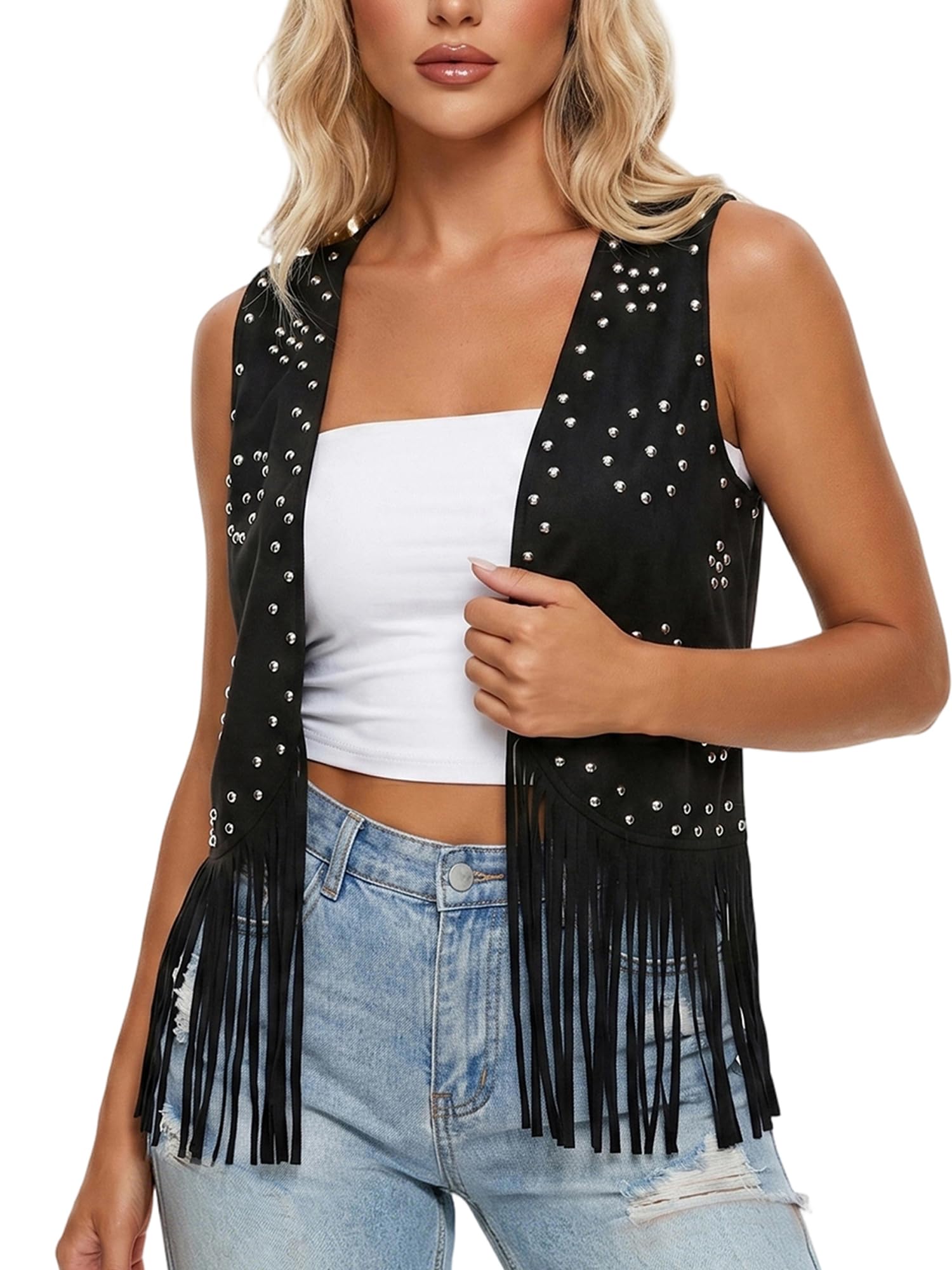 SANSIWU Womens Western Studded Fringe Vest Faux Suede 70s Hippie Rivets Tassel Vest Sleeveless Open Front Cowboy Waistcoat (A-Black, L)