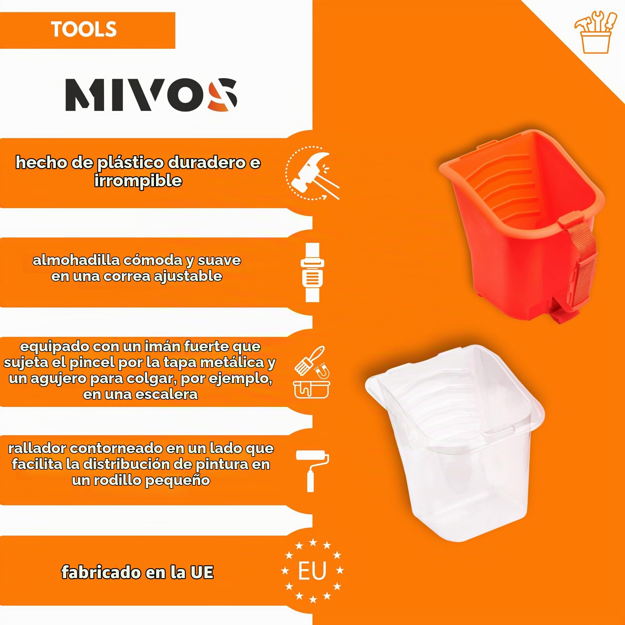 MIVOS Cubo de Pintura con 5 Insertos - 1 Litro - Asa Ajustable - Cubo de construcción con Ranuras Especiales - Naranja - Plástico Robusto - Made in EU