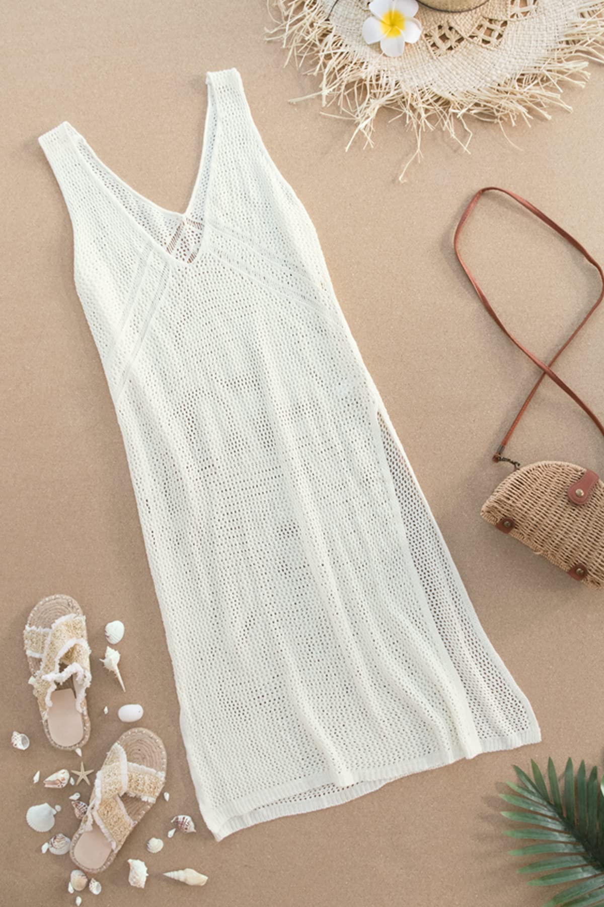 CUPSHE Damen Bikini Cover Up Strandkleid V Ausschnitt Ärmellos Lochmuster Seitenschlitz Sexy Strandponcho Sommer Beach Midi Dress