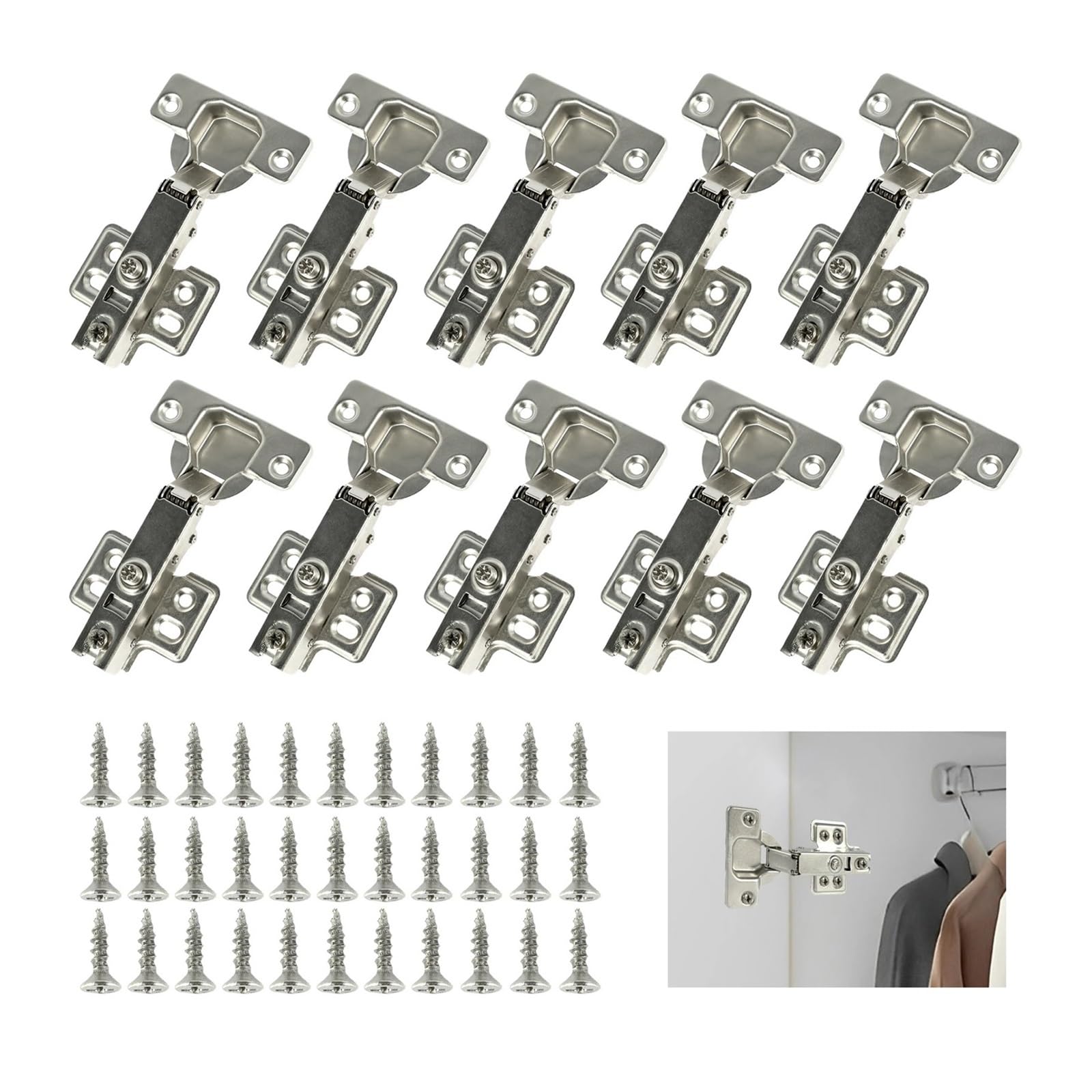 Soft-Close-Scharnier CRS, 10er-Pack, Nickel | Verdeckter 35-mm-Becher, vollständig aufliegend, hydraulischer Dämpfer, inkl. Schrauben, for Schränke